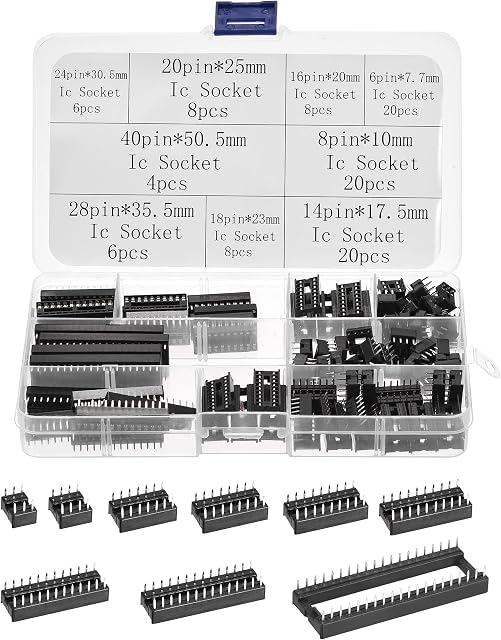 sourcing map DIP IC Chip Socket Adaptor 2.54mm Pitch Dual Row Flat Pins Soldering Chip Connector Set 6,8,14,16,18,20,24,28,40 Pins Black