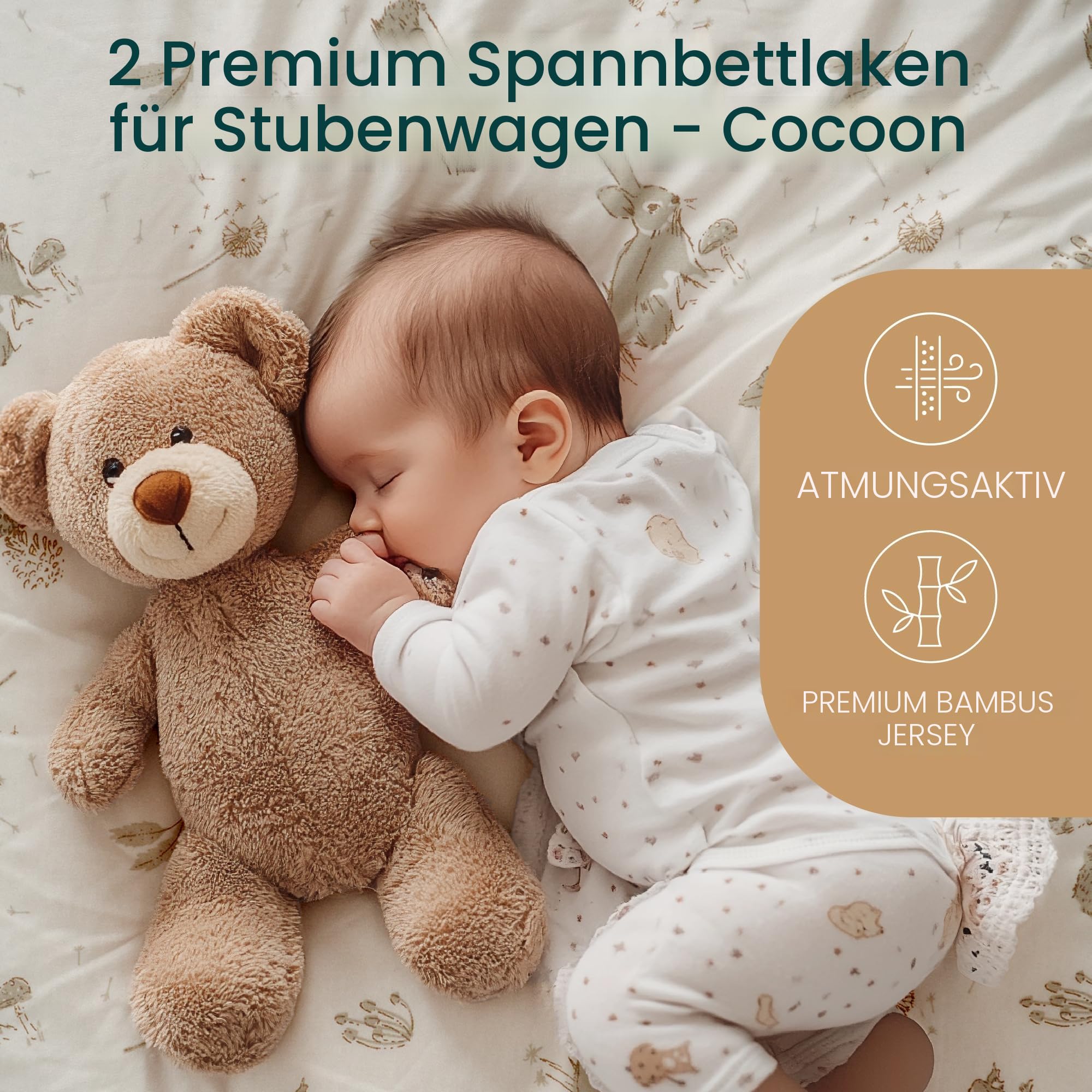 Tutti Bambini Spannbettlaken Beistellbett (2er-Pack) - Atmungsaktiver Bambus-Jersey - Spannbetttuch Weich & doppelt Elastisch Verstärkt - Baby Bettlaken für Matratzen 53×80 bis 60×90 cm (Cocoon)