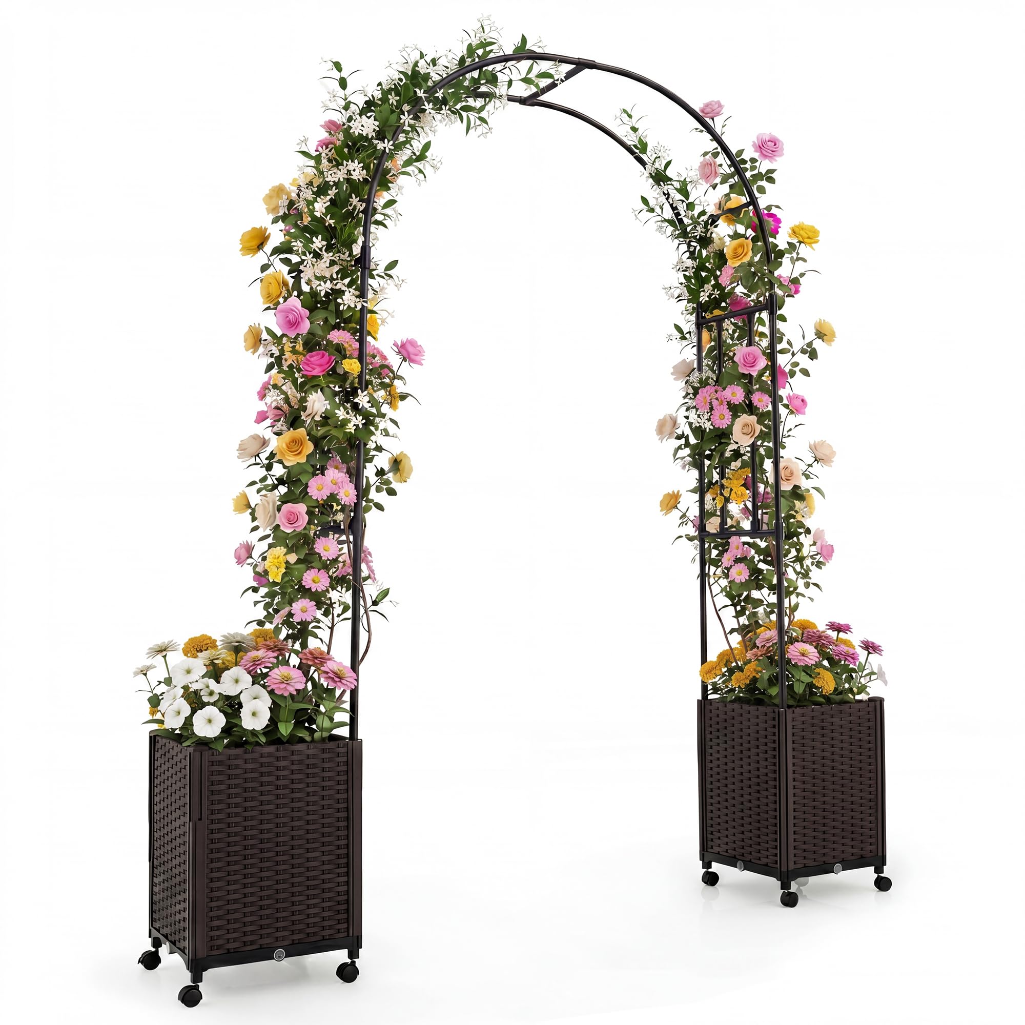 HOMASIS Arco da Giardino con 4 Ruote, Pergolato per Piante Rampicanti da Esterno in Metallo con 2 Fioriere Rimovibili e Foro di Drenaggio, Decorazione per Festa, Matrimonio e Cerimonia