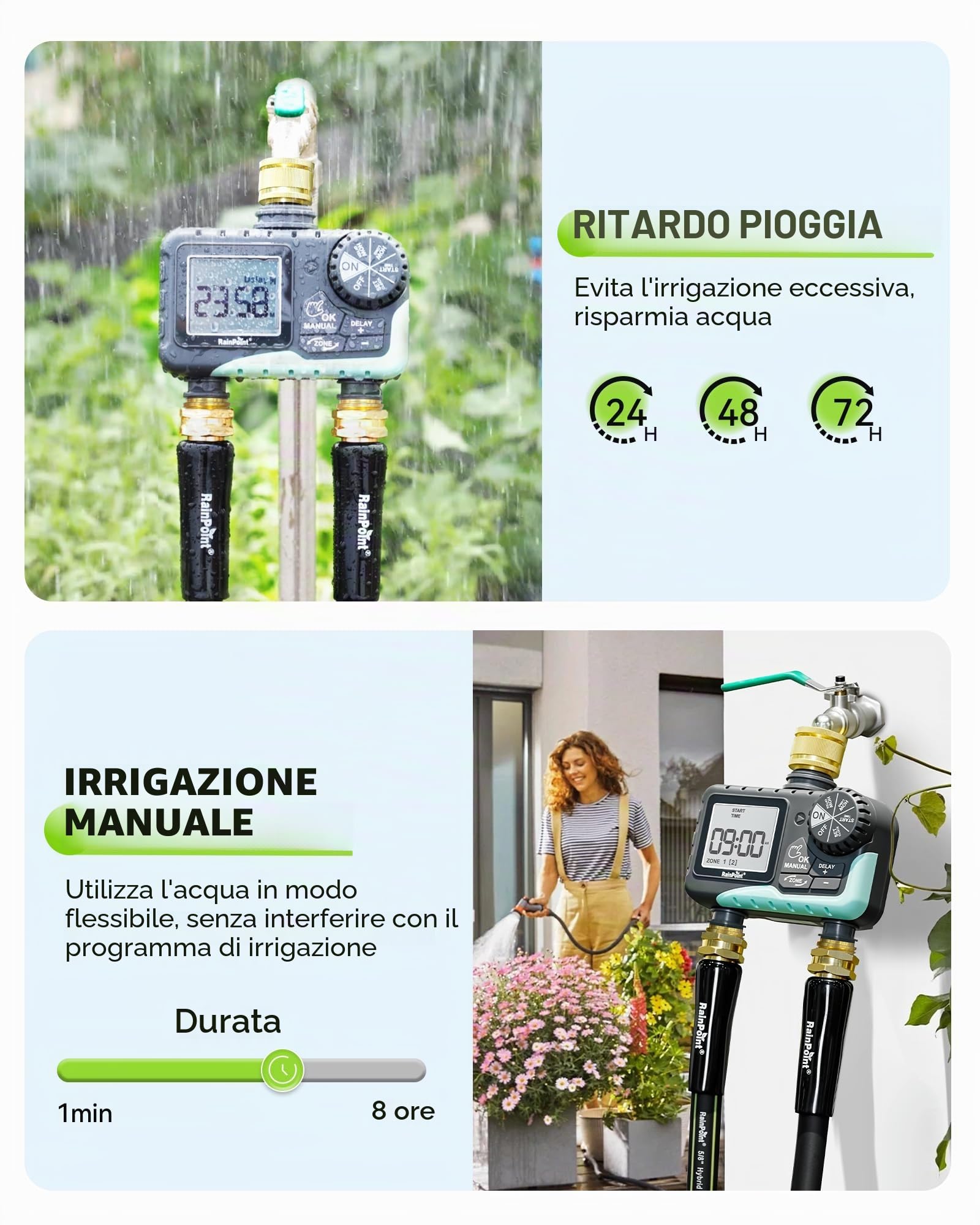 RAINPOINT Centralina Irrigazione 2 Vie, Ingresso e Uscita in Ottone, Timer Irrigazione Automatica Impermeabile IP65 con Ritardo per Pioggia/Bewässerung Manuale, per Prato e Giardino