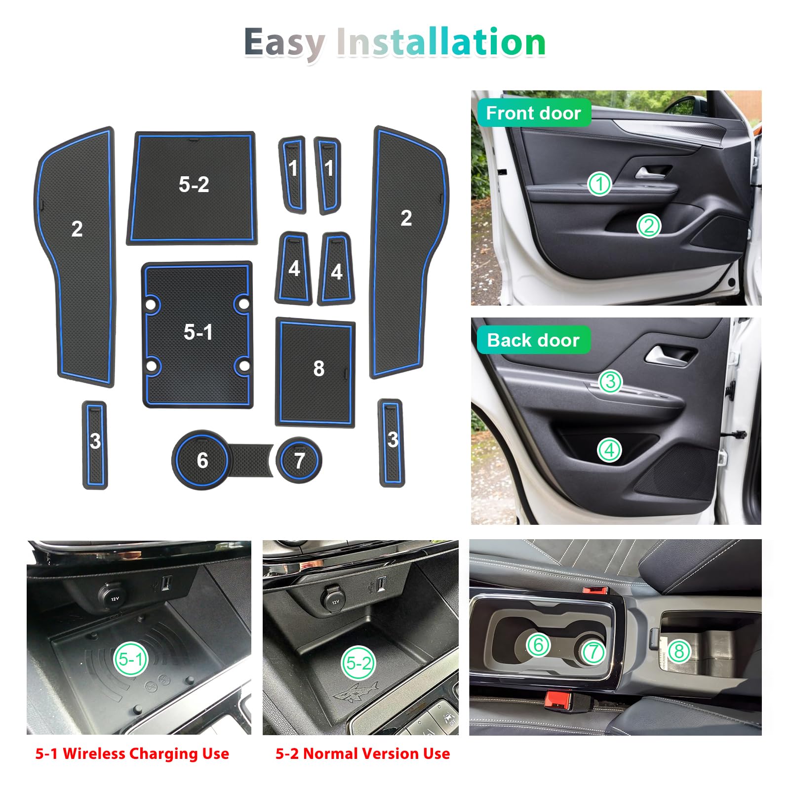 GAFAT Compatibile con Opel Mokka B Mokka-e 2021–2024 2025 2026 Tappetini Antiscivolo, Facelift Mokka e Tappetino Gomma per Console Centrale, Cuciture Porte, Accessori Mokka-B (Blu)