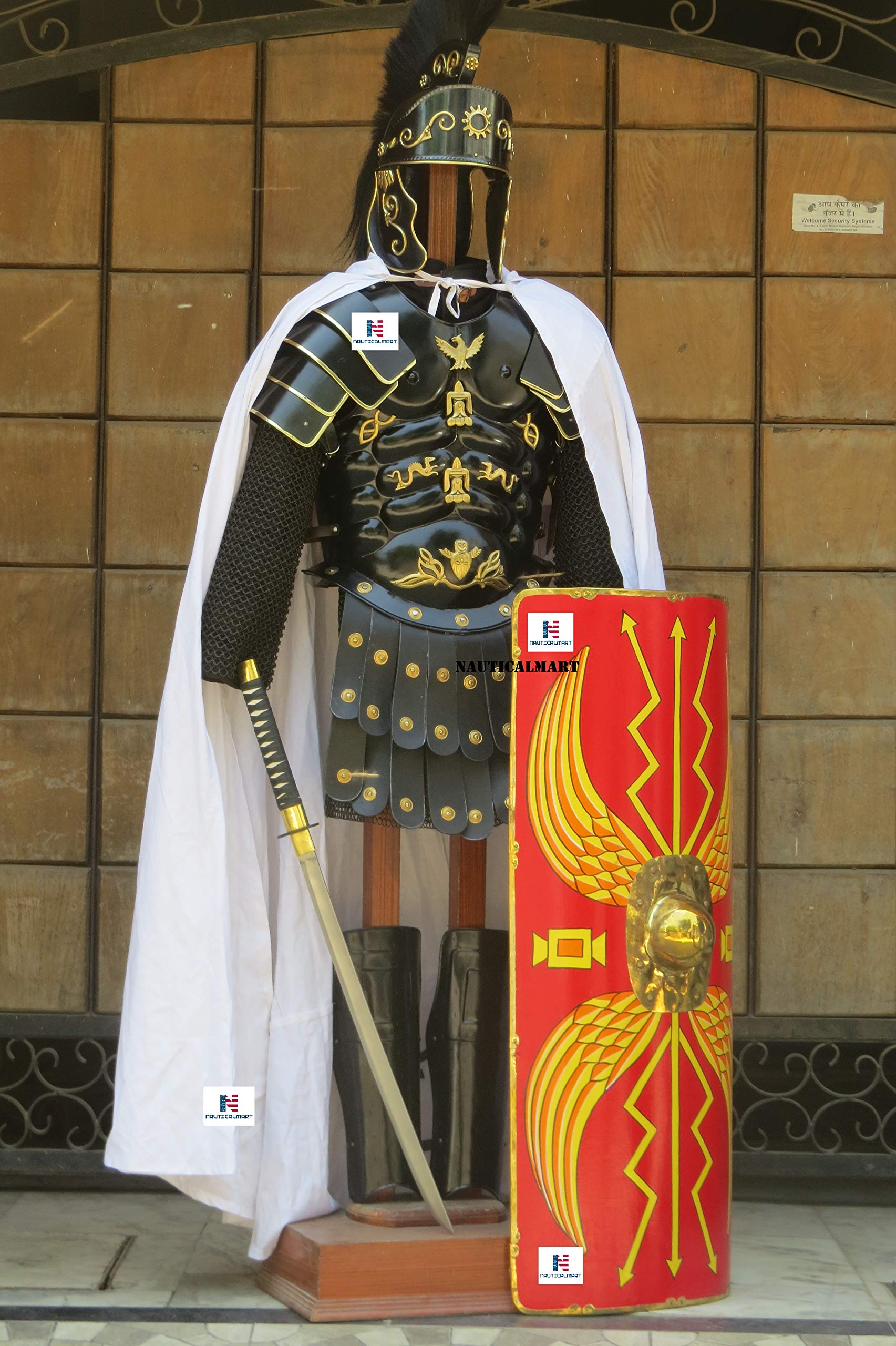 NauticalMart Roman Black Muscle Armor Cuirass Set W/Shoulders, Leg Guard, Roman Helmet, Chainmail, Roman Shield