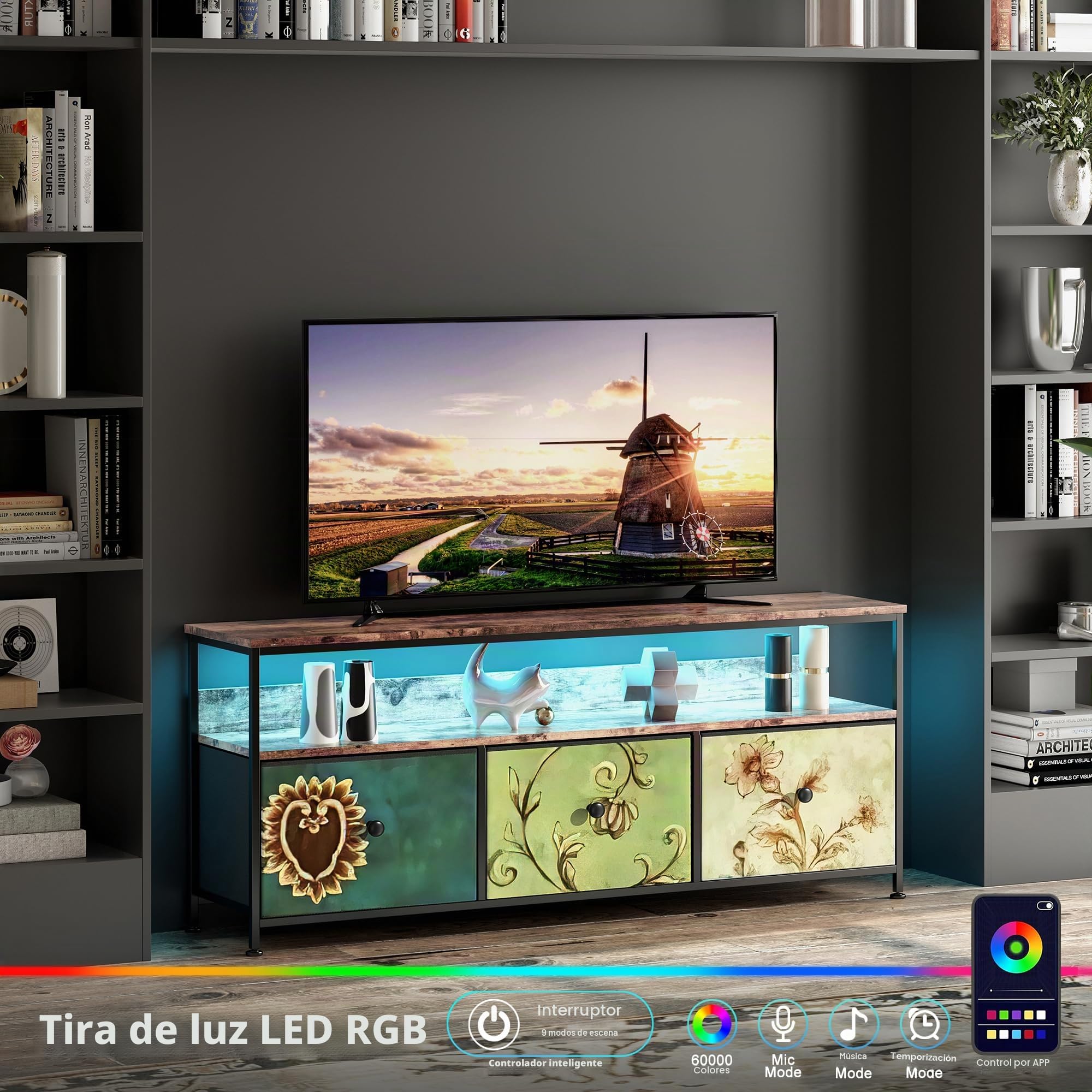 Mueble para TV LED, 137 cm, mesa de TV, mueble para televisión con cajón LED y tejido, mesa de TV para sala de estar con almacenamiento, banco bajo móvil para TV para sala de estar, dormitorio