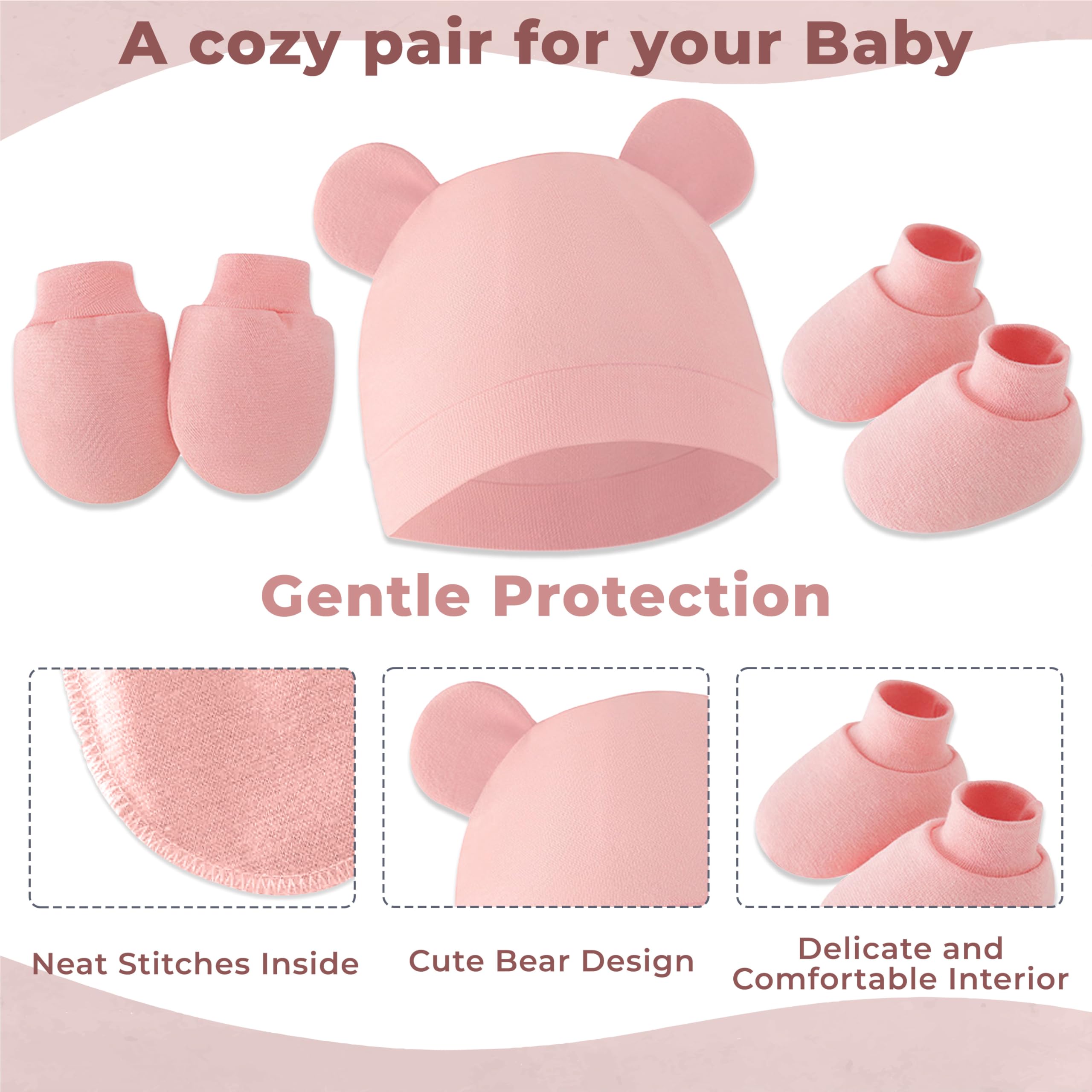 Bembika Cotton Baby Mittens – Soft, Non-Slip Baby Mittens & Socks for Winter, Warm Infant Cap for Scratching, 0-3 Months, Newborn Baby Mittens-(Pink) - Image 3 thumbnail