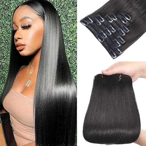 Extensiones de cabello humano con pinzas, 100% Remy, 8 piezas por juego, con 18 clips, extensiones de cabello lacio color negro natural, doble
