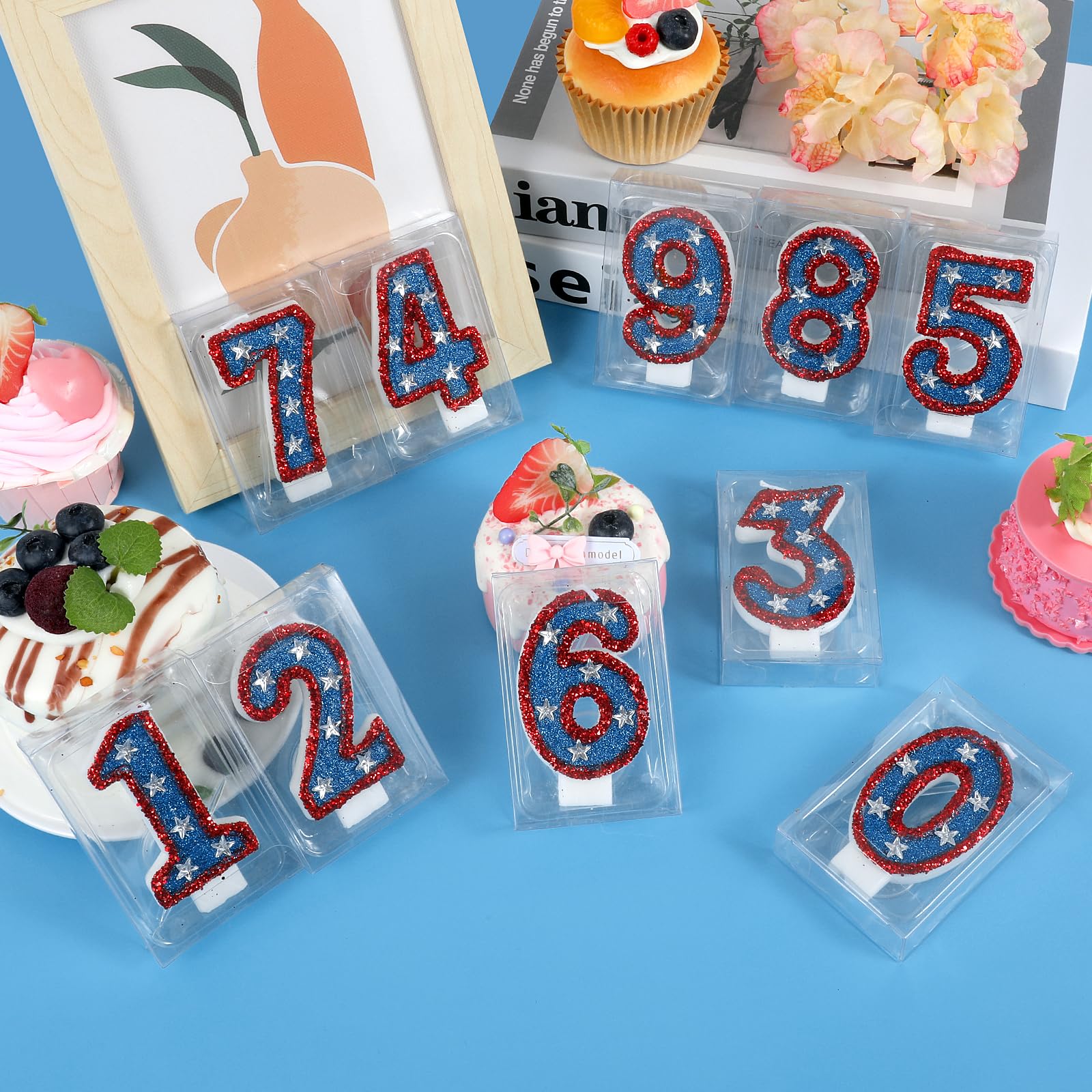 Bougies d'anniversaire en forme de chiffre 5 à paillettes rouges et bleues - Motif drapeau américain - Parfait pour le jour de l'indépendance et les fournitures de fête Captain America (numéro 5)