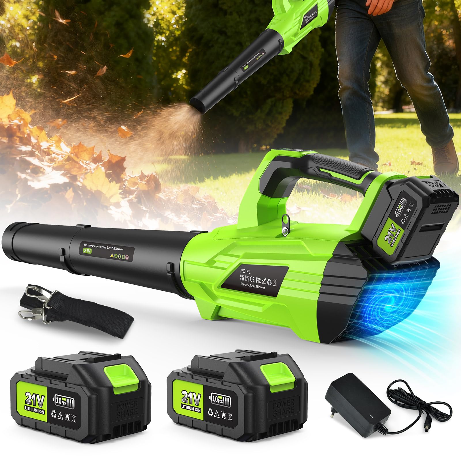 Leaf Blower, 21V Cordless Leaf Blower with 8000 mAh (2x4.0 Ah), 260km/h 735 CFM,1200W Brushless Motor, 4-Speed + Turbo Mode, 3200RPM Lightweight Leaf Blower With Shoulder Strap for Garden, Yard, Car