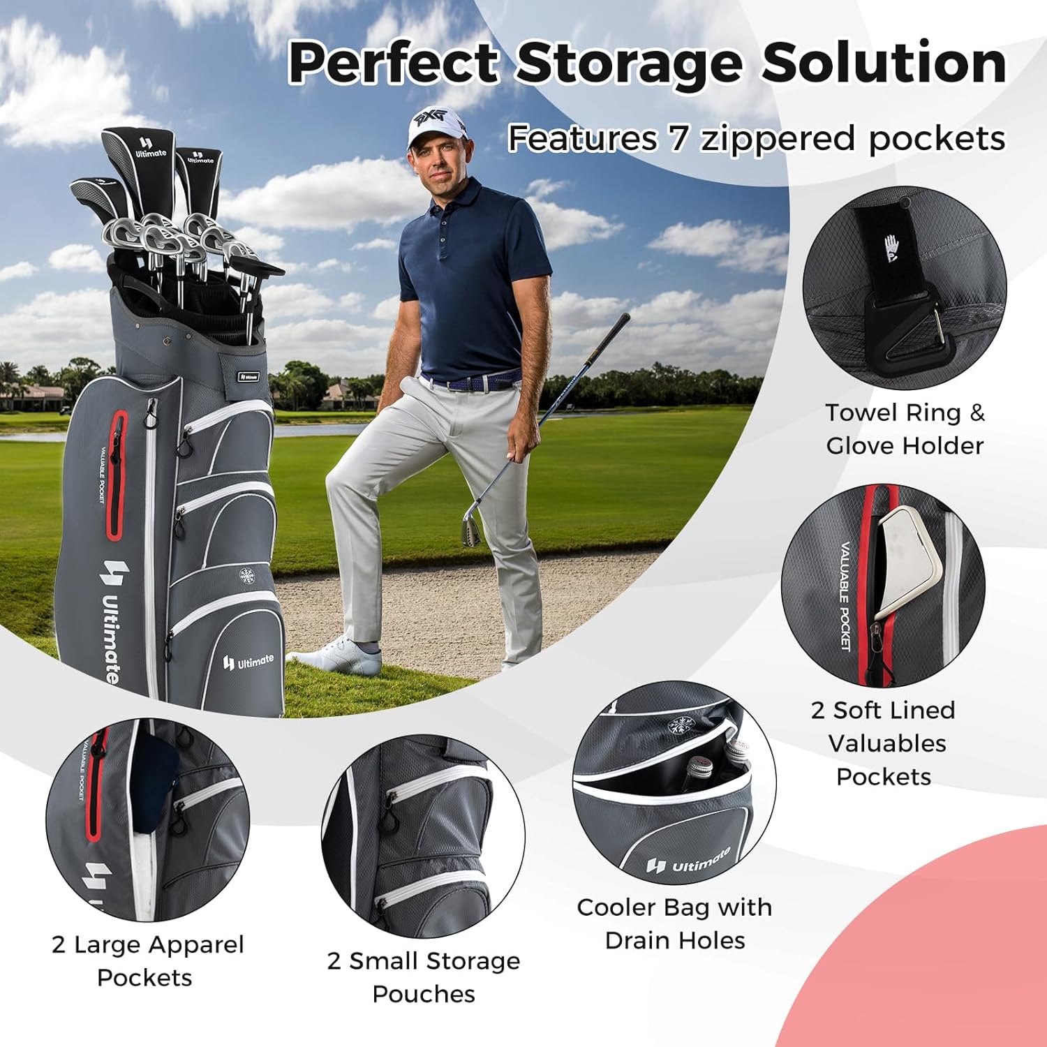 ULTIMATE Golf Cart Bag w/ 15-Way Top Dividers, Lightweight Portable Golf Club Bag w/Individual Putter Holder, 7 Pockets, Cooler Bag, Rain Hood, Umbrella Holder, Padded Shoulder Strap & Handle