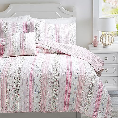 Cozy Line Home Fashions Juego de ropa de cama reversible de 100% algodón con volantes y volantes de encaje rosa Shabby Chic Girl (encaje rosa, King