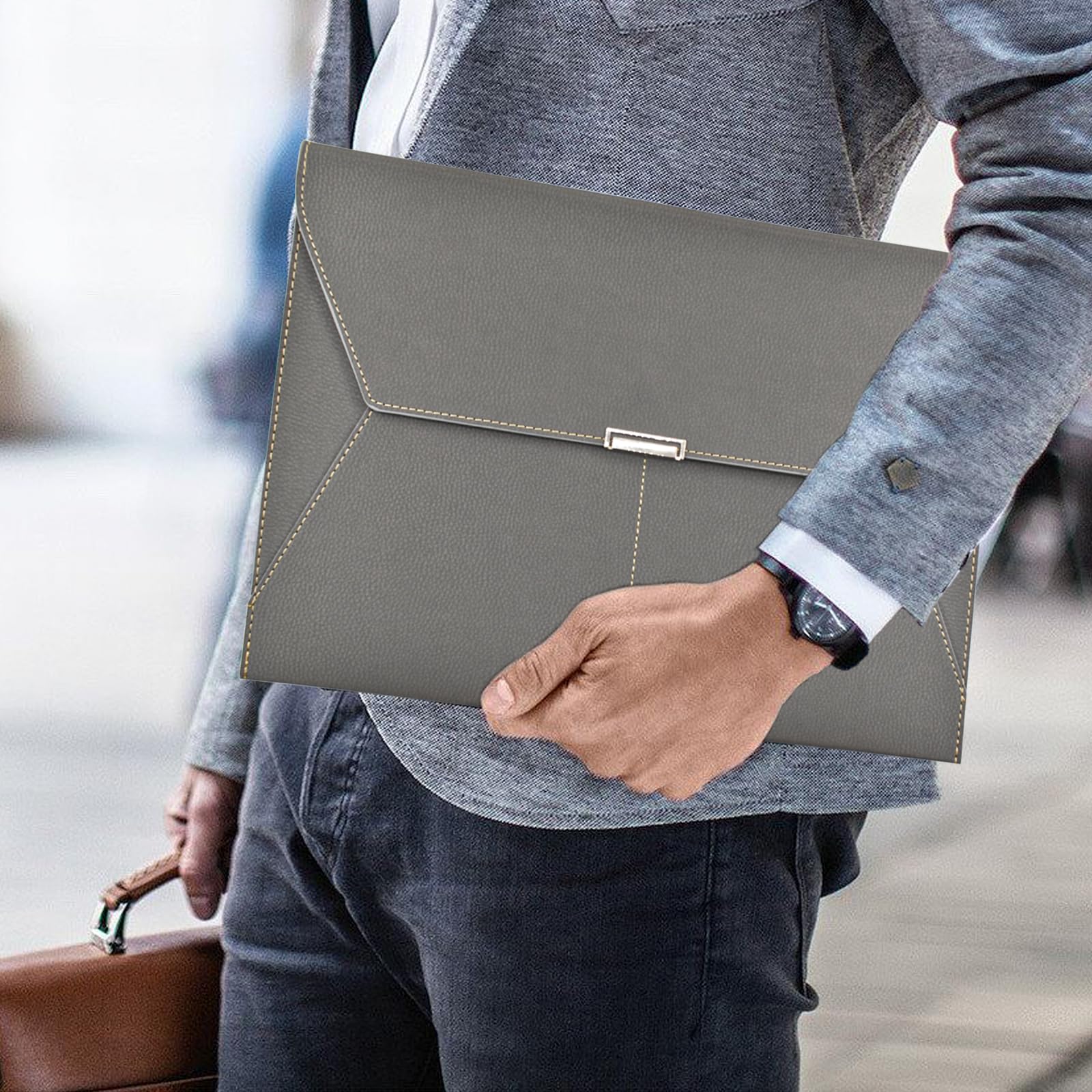 VANRA Carpeta de archivos, organizador de documentos, impermeable, carpeta de cuero con 3 bolsillos, sobres de archivo para papel tamaño carta A4 con cierre de botón magnético a presión (gris)