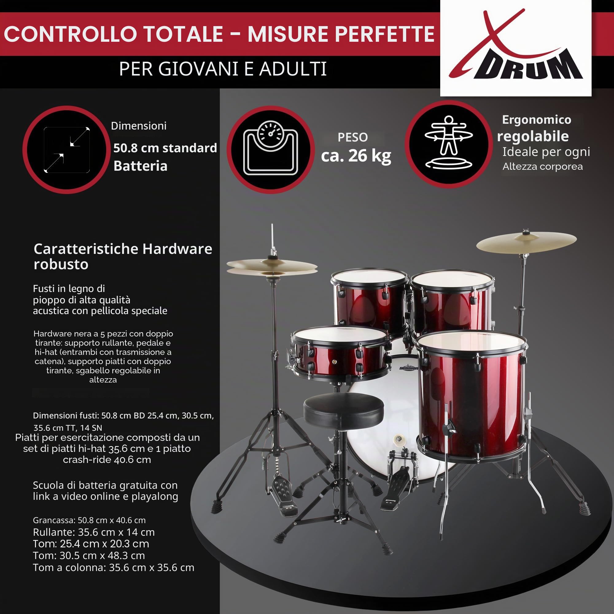 XDrum Rookie 20" Studio Batteria Rosso più Set Smorzatori, 14" TT | Fusti in pioppo acusticamente pregiato con pellicola speciale, Hardware nero a doppio supporto a 5 pezzi, 14" TT, 14" SD