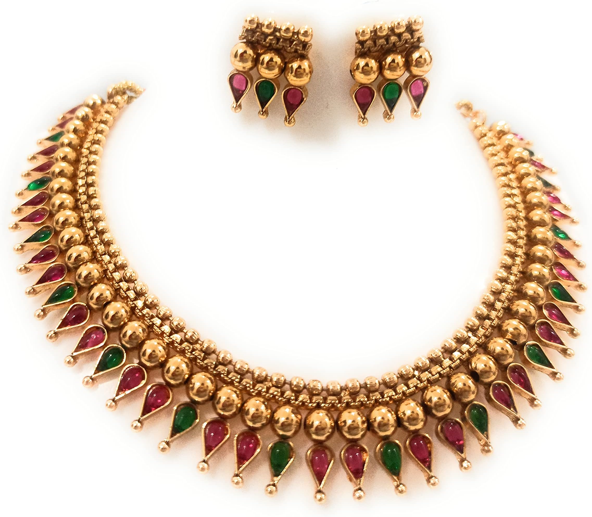 Ruby & Emerald, Red, Green Colour Stones Studded Latest Fashion Choker Necklace Jewellery Sets For Women's And Girls (Red And Green Beads Copper Choker Necklace)