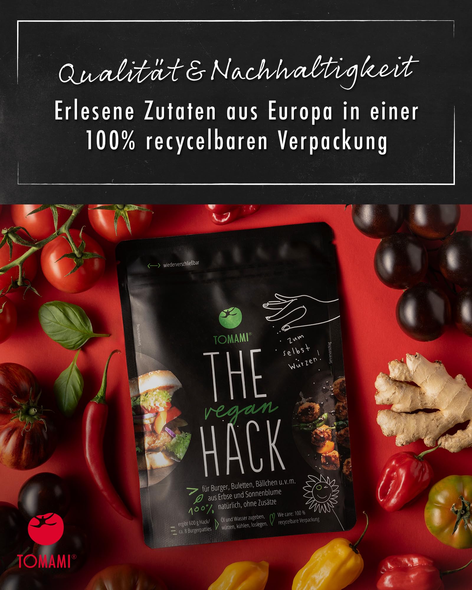 Tomami The Vegan Hack 1kg – Proteinreiche ungewürzte Hackfleischalternative aus Erbsen- & Sonnenblumen - Für 3kg Veganes Hack - Soja- & Glutenfrei