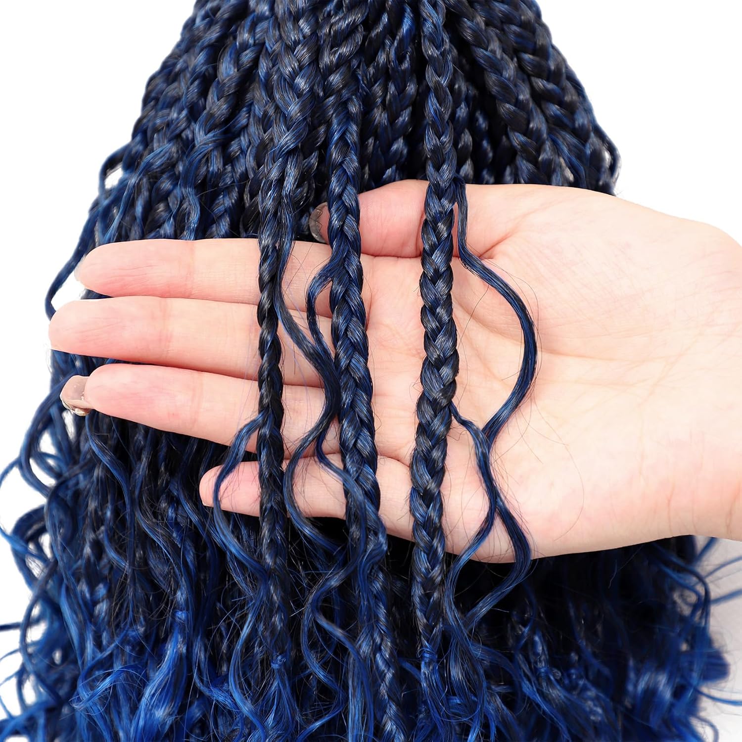 Eerya 8 Packs Boho Box Braids Crochet Hair for Black Women 10 Inch Pre-looped Bohemian Blue Crochet Goddess Box Braids With Curly Ends Synthetic Crochet Hair Extensions (10 inch, Tblue)