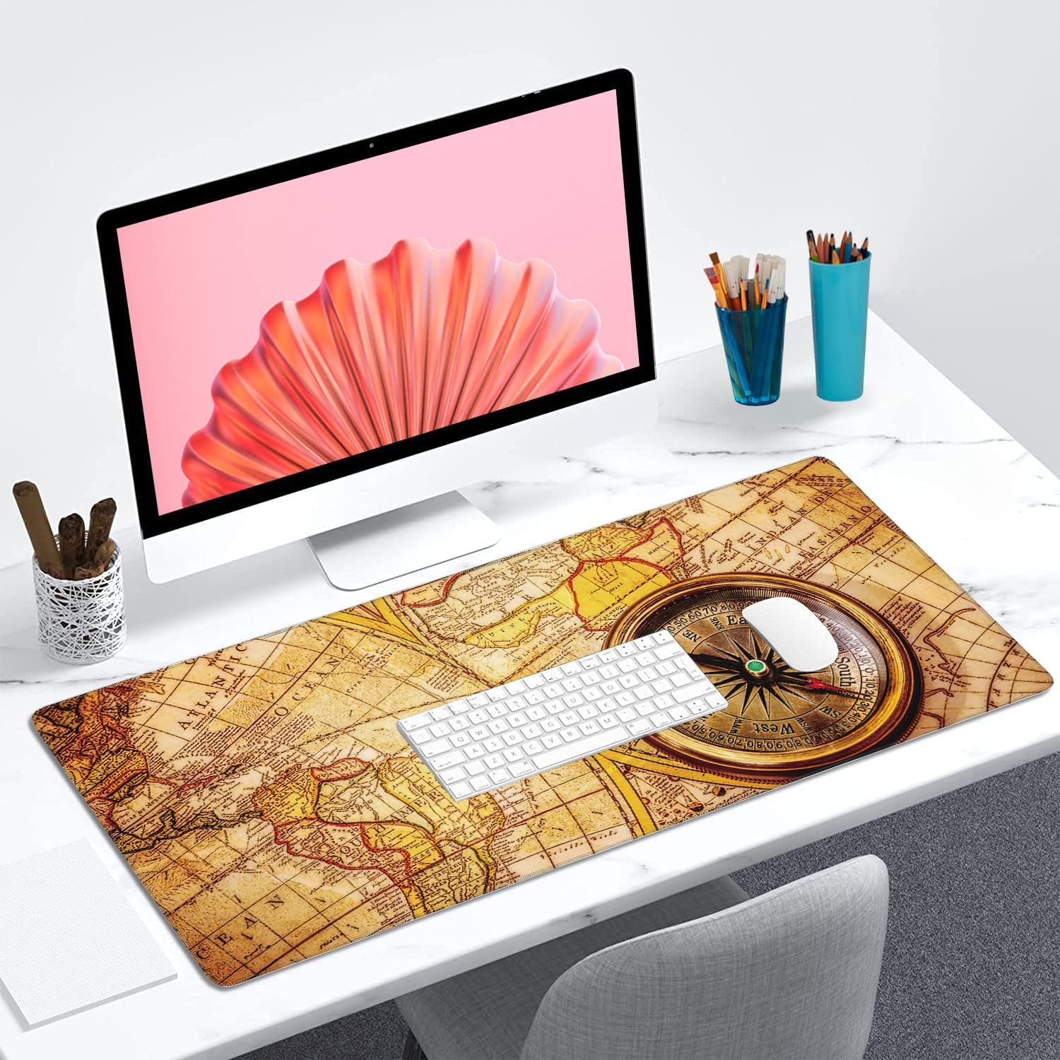 Vintage Compass Lies on Ancient World Map Extended Gaming Mouse Pad Large Desk Mat with Non-Slip Rubber Base and Stitched Edges,Keyboard Mouse Mat Desk Pad for Work,Game,Office,Home 35.4 * 15.7 Inch - Image 7
