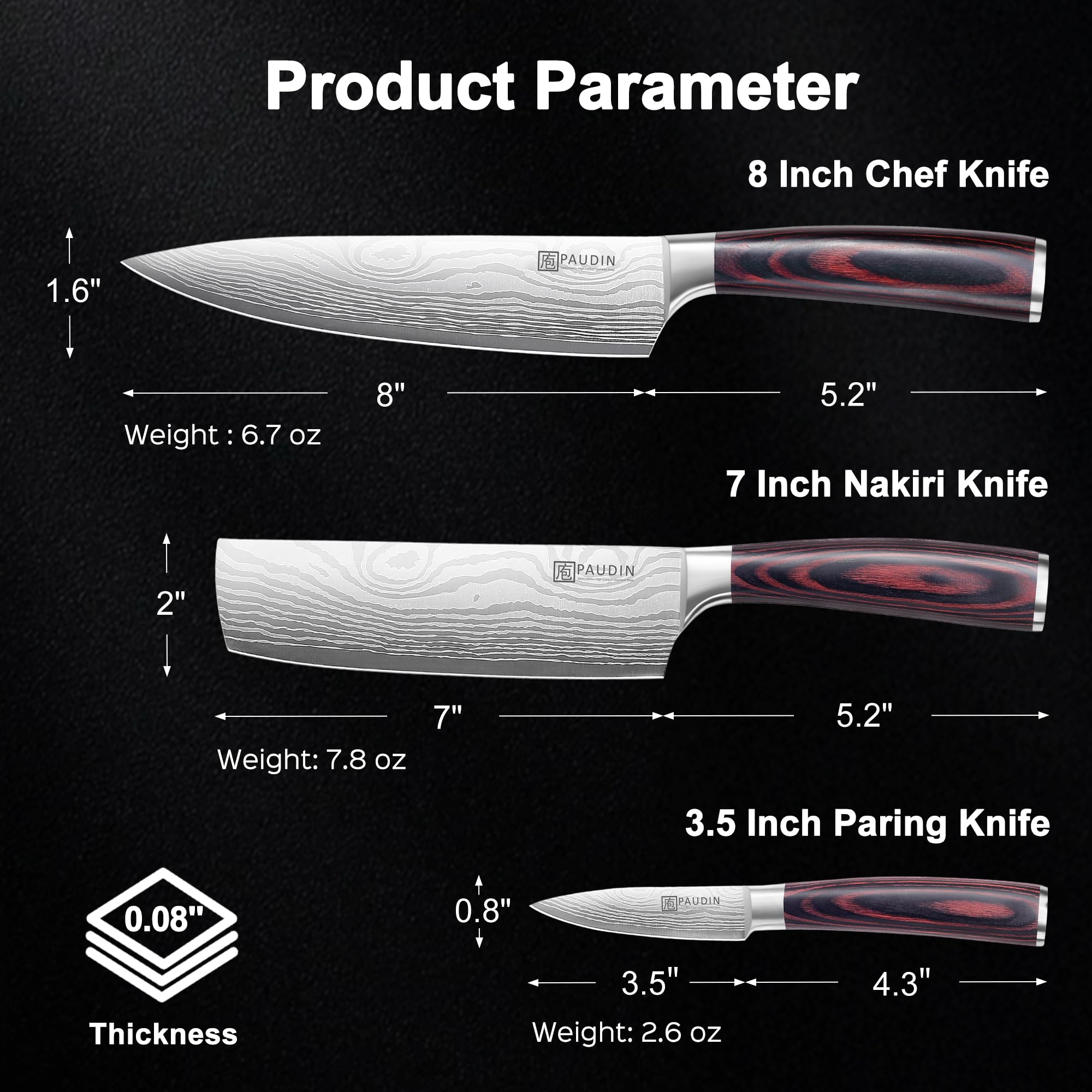 PAUDIN Kitchen Knife Set, 3 Piece High Carbon Stainless Steel Professional Chef Knife Set with Ultra Sharp Blade & Wooden Handle (Kitchen Knife Set 3 Pcs) — Amazon image 5