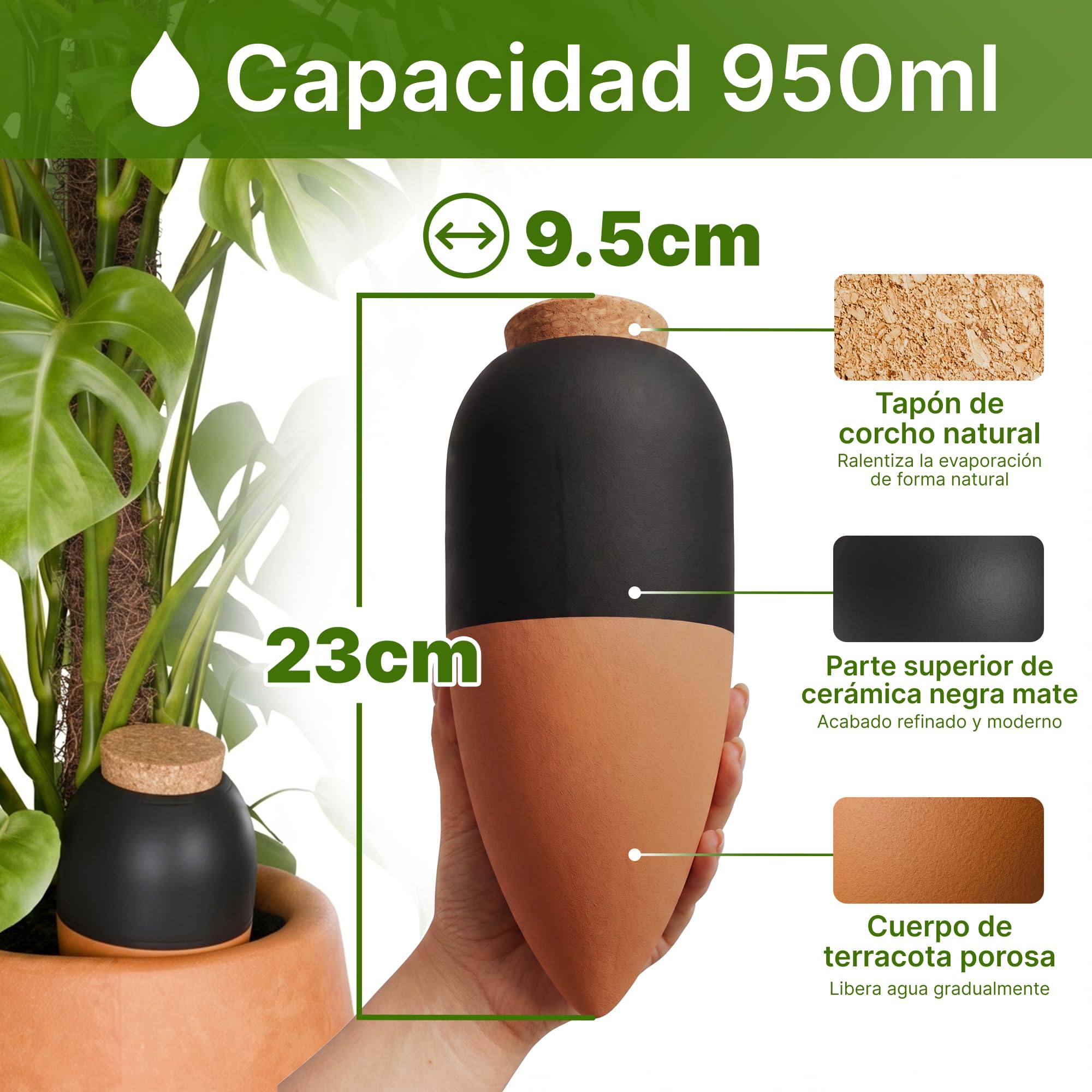 MINISMUS Autoriego Macetas Terracota, Autorriego Plantas Interior, Dispensador Agua, Regar Vacaciones, Cerámica Macetero, 950ml 4 Unidad