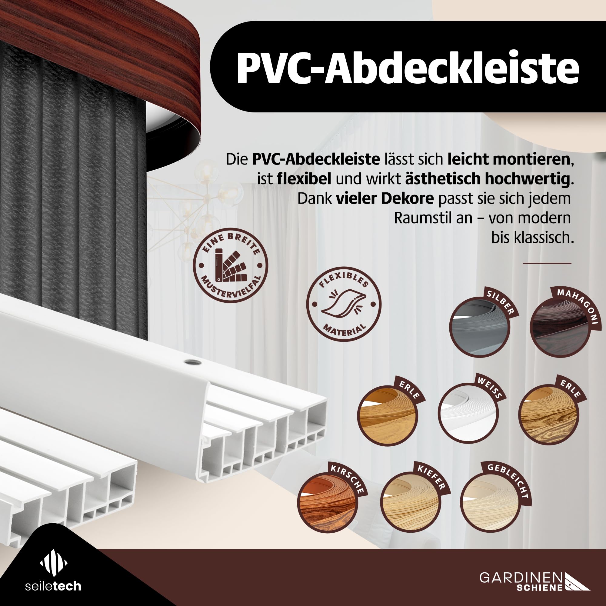 Set di binari per tende e archi rotondi, 330 cm, PVC, 1 binario, colore nero, con materiale di fissaggio, 3,3 m (150 cm + 2 x 90 cm + 2 connettori)