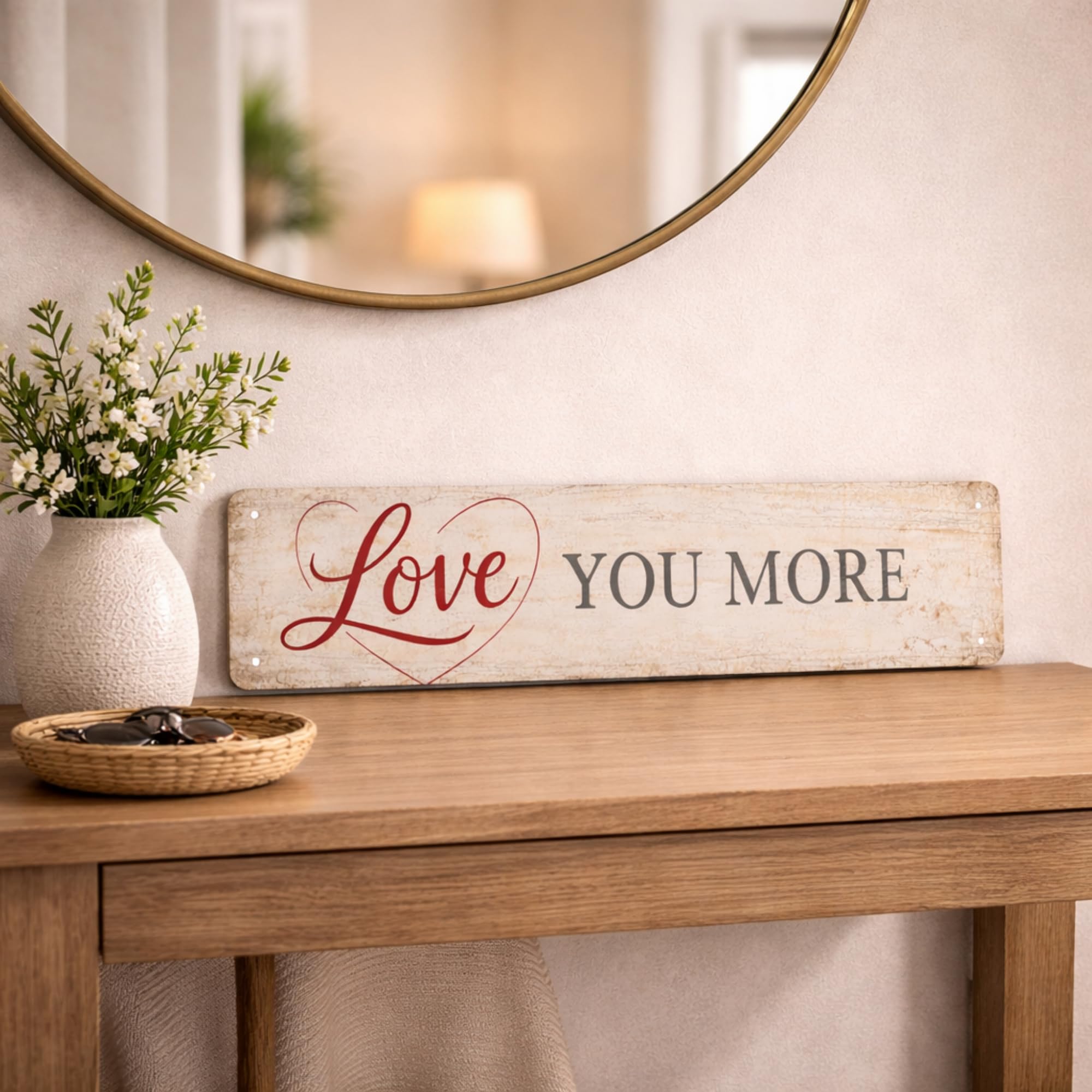 Love You More Metal Sign, 16 x 4 Inch Vintage Decorative Tin Sign Wall Art with Romantic Quote for Bedroom, Living Room, Hallway or Above Door Home Décor - Ideal for Valentine’s Day, Anniversary