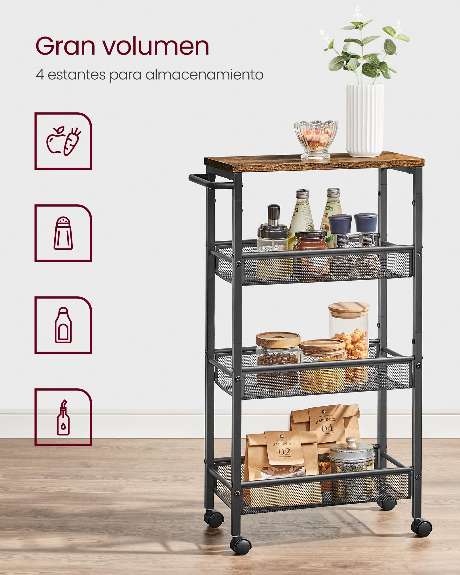 VASAGLE Carro de 4 Niveles, Carro Estrecho de Cocina con Ruedas, con Asa, para Espacio Reducido, 22 x 45,4 x 77 cm, para Cocina, Baño, Salón, Estudio, Marrón Rústico y Negro LRC033B01