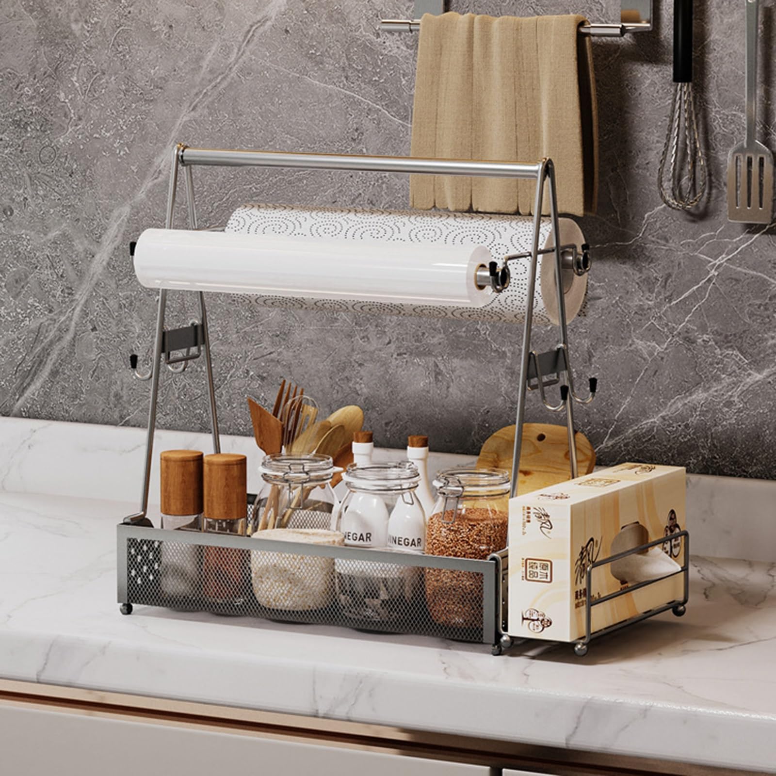 Gewürzdose für Den Grill BBQ Picknick Utensilien Organizer mit Griff und Papierhandtuchrollenhaltern Griddle Camping-Körbe für Outdoor-Küche, Buffet, Party (Color : Silver)
