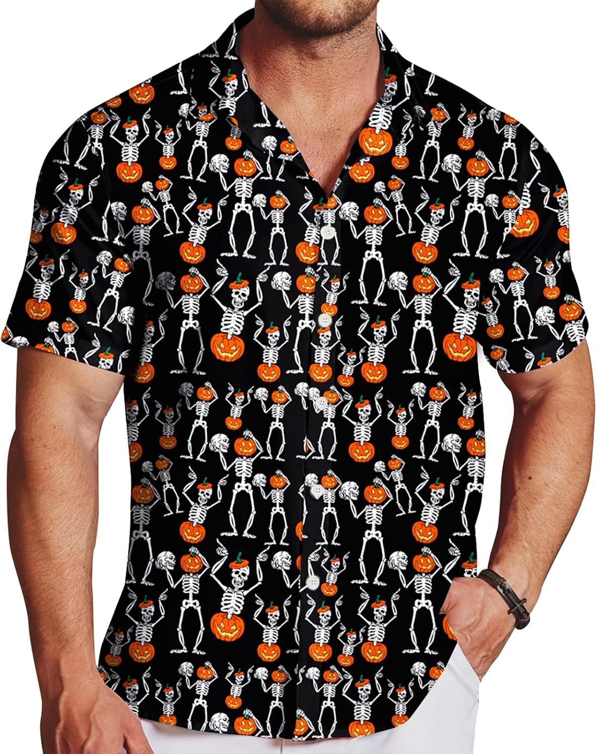 Mens Halloween Pumpkin Hawaiian Shirts Short Sleeve Sugar Skull Button Shirt