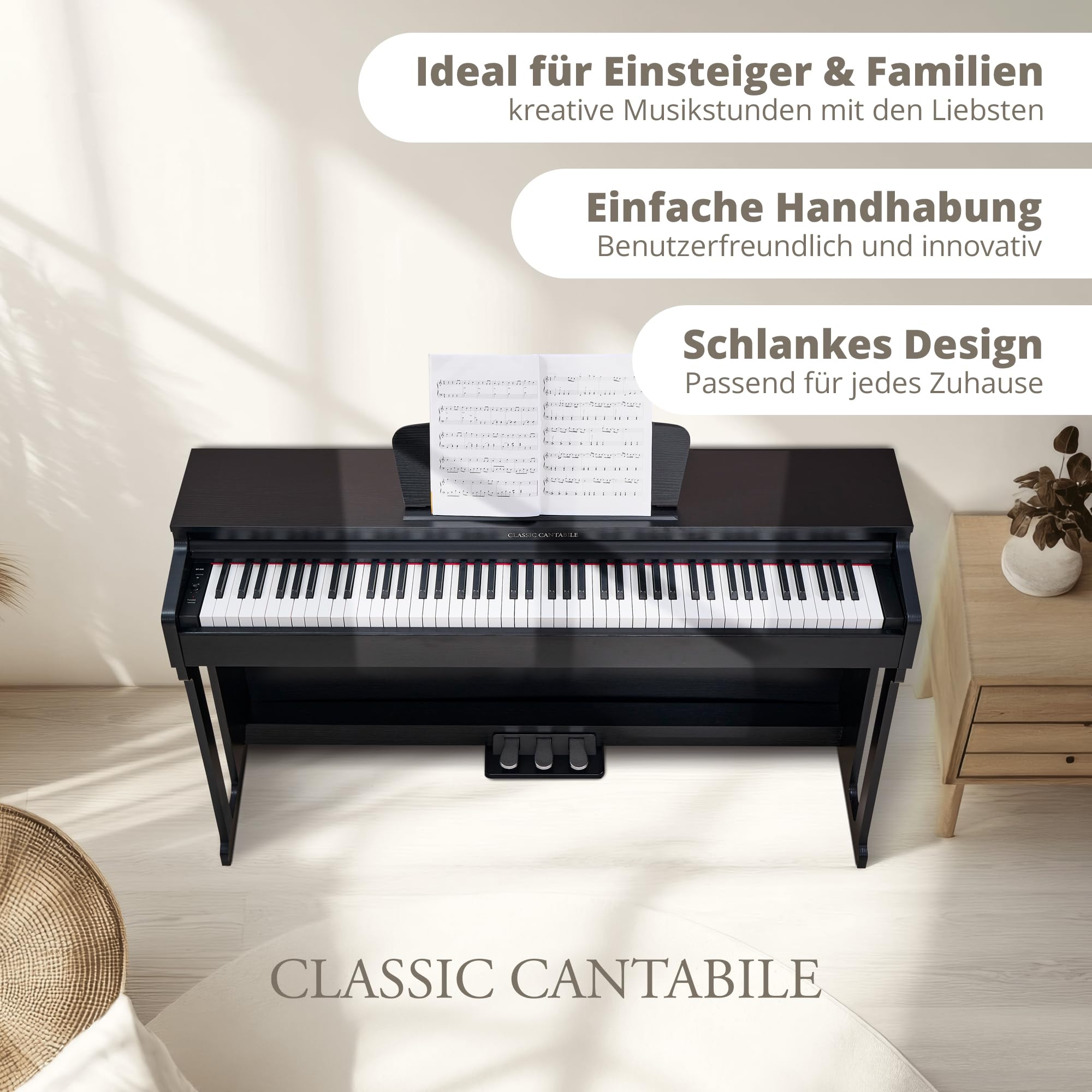 Classic Cantabile DP-220 SM E-Piano Set - Digital Piano 88 gewichtete Tasten mit Hammermechanik - Inklusive Pianobank, Kopfhörer und Klavierschule - Layer-, Split- und Twinova-Funktion - 3 Pedale