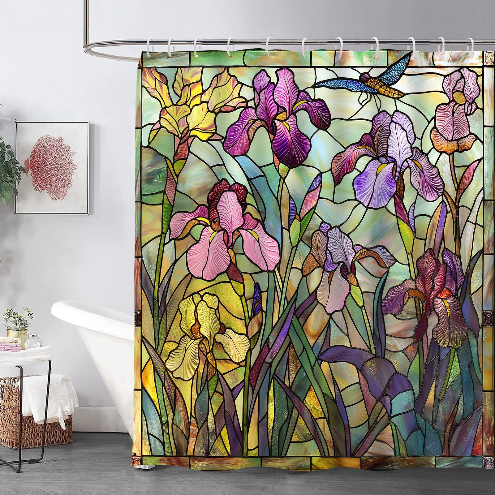 VANZEVStained Glass Shower Curtain,Garden Decor, Floral Flower Hummingbird Modern Bath Curtain, Waterproof Polyester Fabric with 12 Hooks, 72x72 Inches