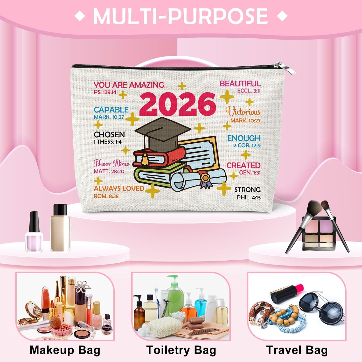 Graduation 2026 Inspirational Makeup Bag for Woman Christian Religious Graduation Gifts for Masters Phd Degree College University Senior Graduate Cosmetic Bag Christian Gifts for Women Female image 4