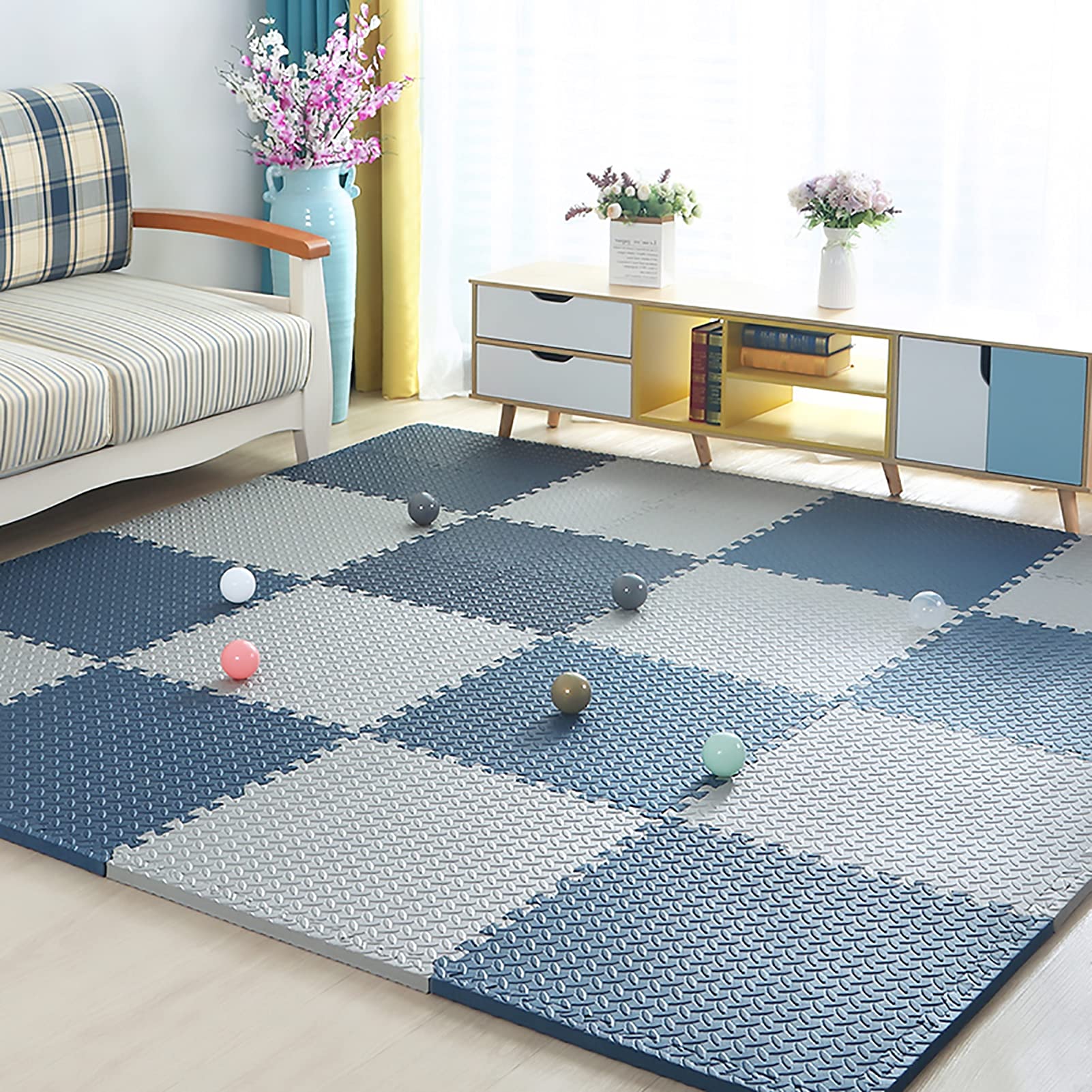 JLCP Baby Foam Play Puzzle Mats, Soft Floor Tiles Kids Foam Play Mats, Interlocking Mat 60X60x2cm Non-Slip Waterproof Crawling Mat Kids Rug Activitys Games Toys,blue+gray,9pcs