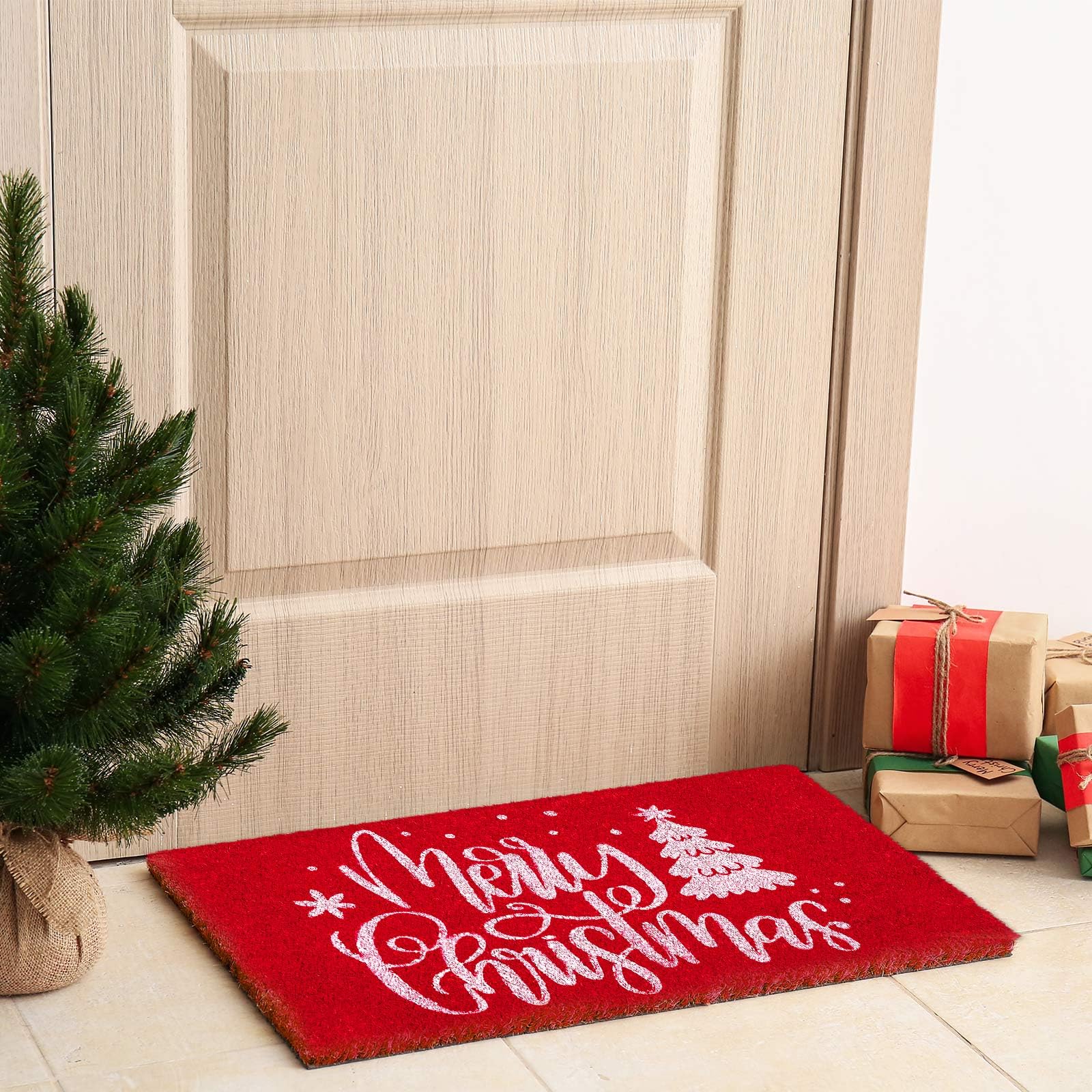 AnyDesign Frohe Weihnachten Fußmatten Natürliche Kokosfaser Fußmatte Rot Weiß Rutschfeste Bodenmatten Weihnachtsbaum Gedruckt Dekorative Eingangstür Teppiche für Weihnachten Innen Außen Badezimmer