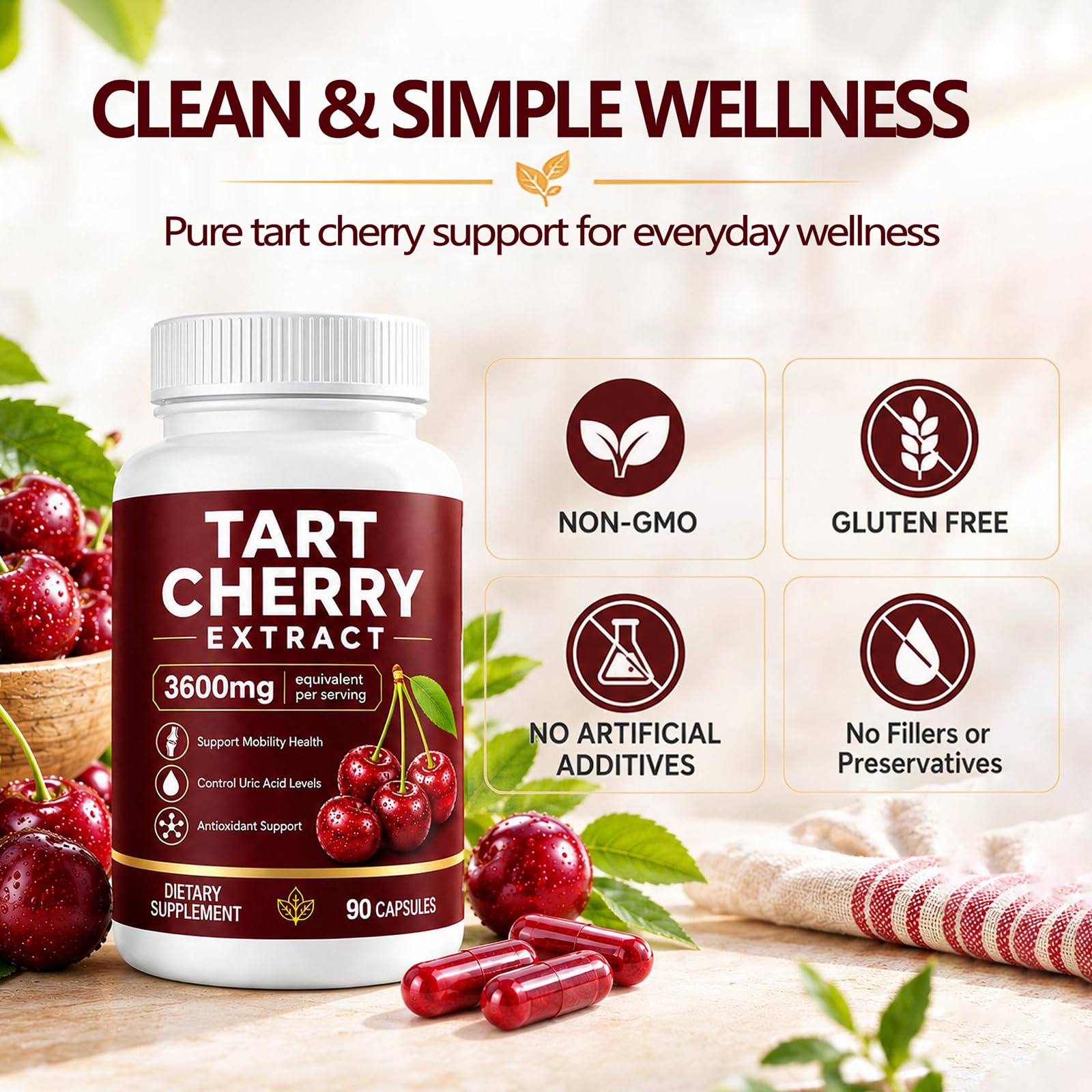 Tart Cherry Extract Capsules - Cold Pressed Tart Cherry Extract Supplement for Mobility & Flexibility Support, Natural Antioxidant Support for Active Lifestyles, 90 Count — Amazon image 6