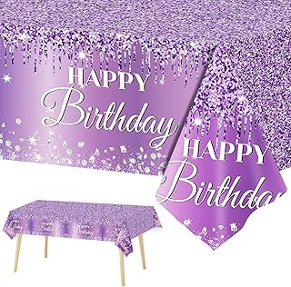 3 Pieces Purple Silver Birthday Tablecloths for Happy Birthday Party Decorations Plastic Disposable Purple Birthday Theme Table Covers for Girls Women Silver Glitter Birthday Party Supplies 54x108Inch