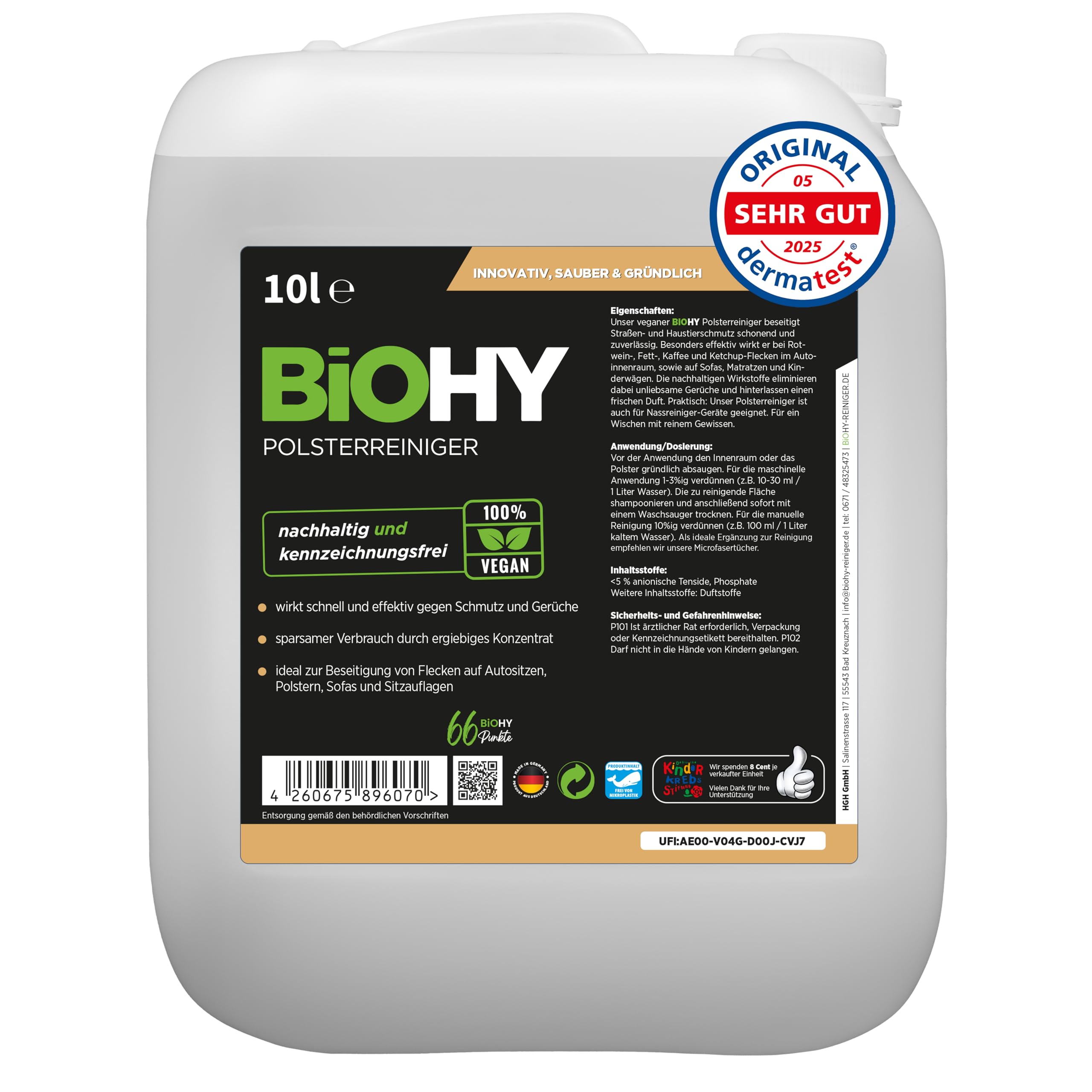 BiOHY Spezial Polsterreiniger (10 Liter Kanister) | Konzentrat für Sofas, Polstermöbel, Teppiche & Textilien | für Nasssauger & Waschsauger | Fleckentferner | effektiver Textilerfrischer