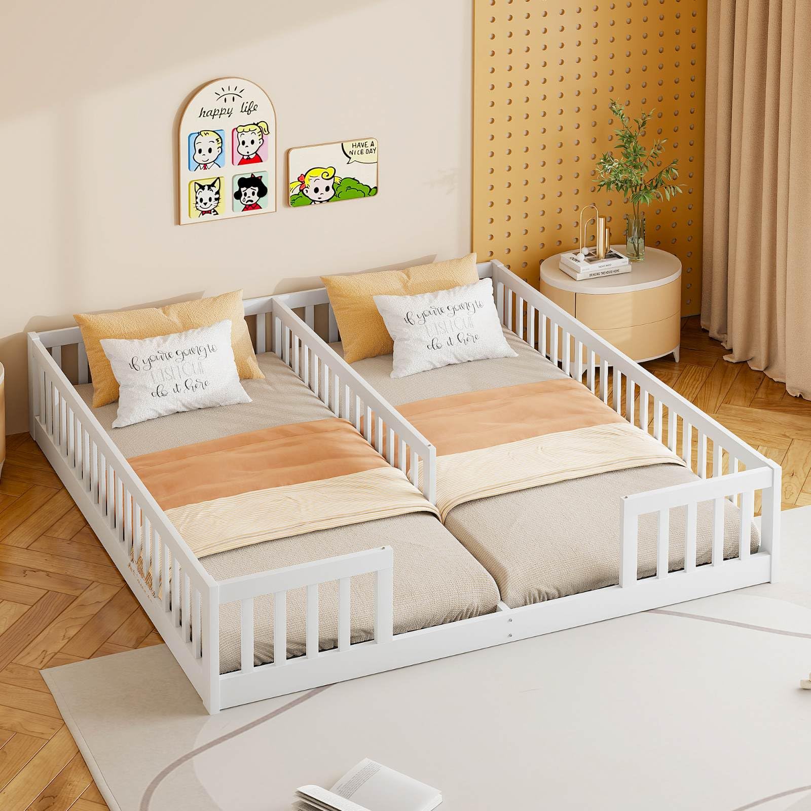 KOMHTOM Cabane Lit d'enfant 2 en 1 90x200CM avec Clôture de Sécurité et Sommier à Lattes en Bois (Blanc)