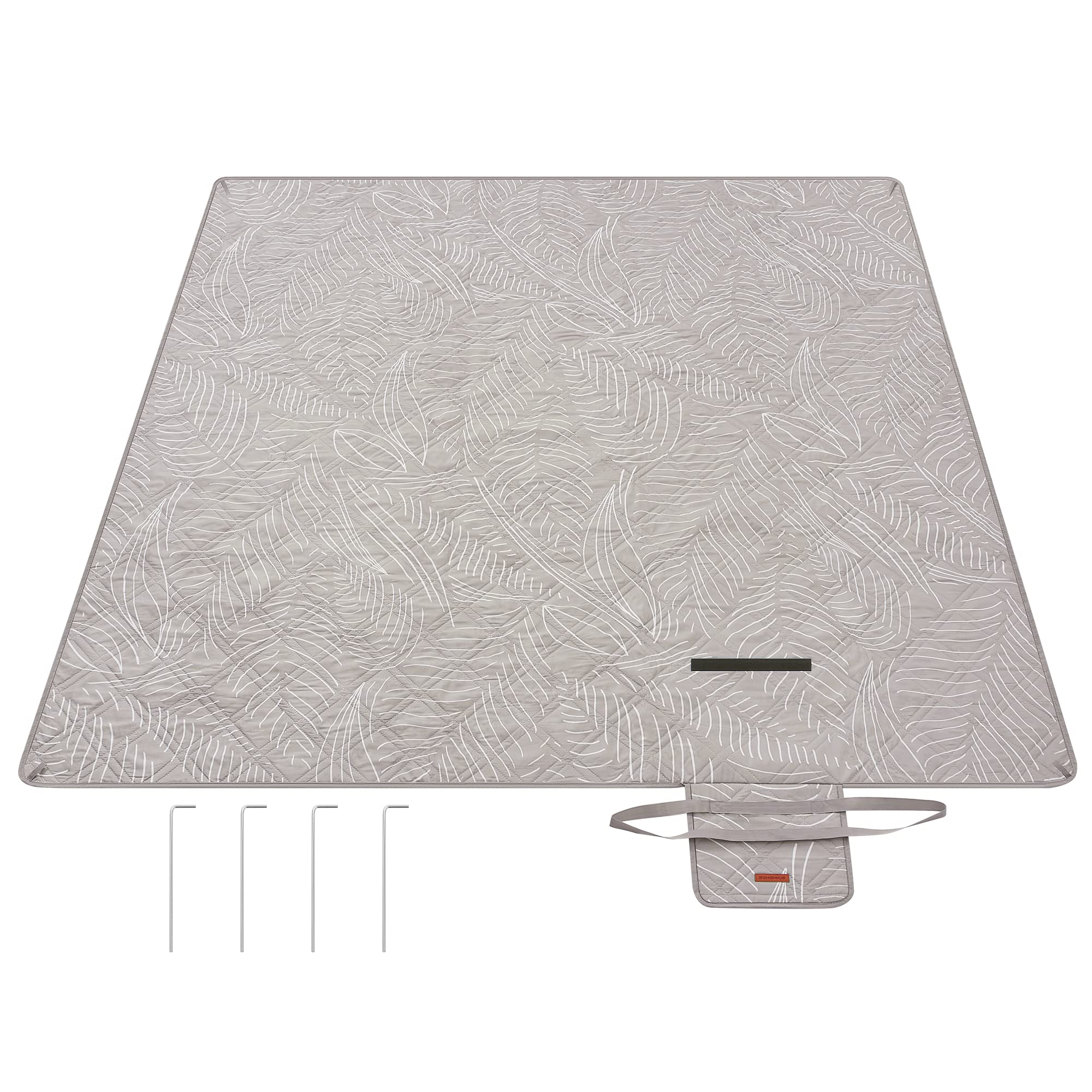 SONGMICS Picknickdecke, 200 x 200 cm, mit 4 Erdankern, groß, Campingdecke, für Park, Garten, Strand, wasserdicht, maschinenwaschbar, faltbar, Khaki mit tropischem Farn GCM010B02