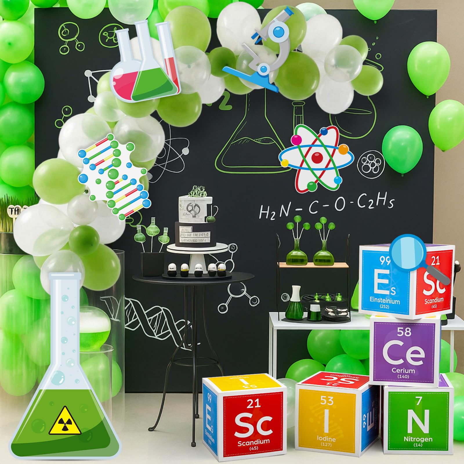 Kosiz Kit di decorazioni per feste scientifiche da 30,5 cm, per feste di compleanno, con scatole da 30,5 cm, per laboratorio di chimica, fiaschetta, per compleanno, scienziato, laboratorio, settimana