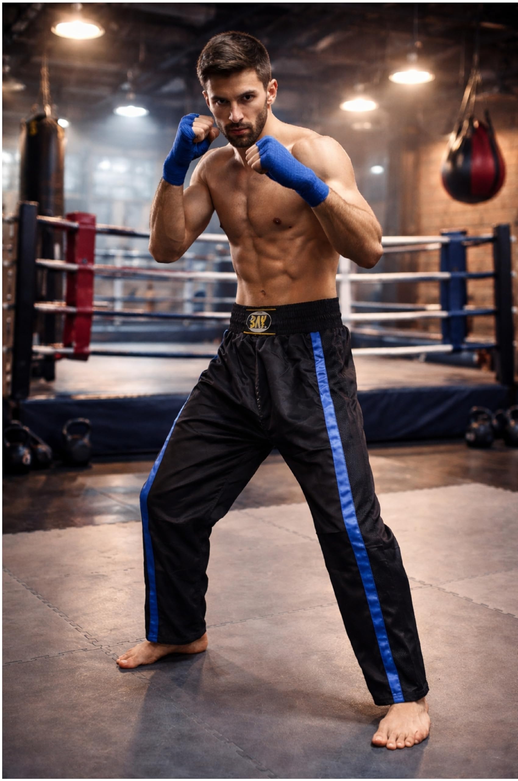 Bay Netz Mesh Kickboxhose Kampfsporthose Schwarz lang Mesh-Netzeinsatz Kontraststreifen in Blau seitlich Polyester Erwachsene Damen Herren Kinder Jungen Mädchen Größen 5XS - XXL