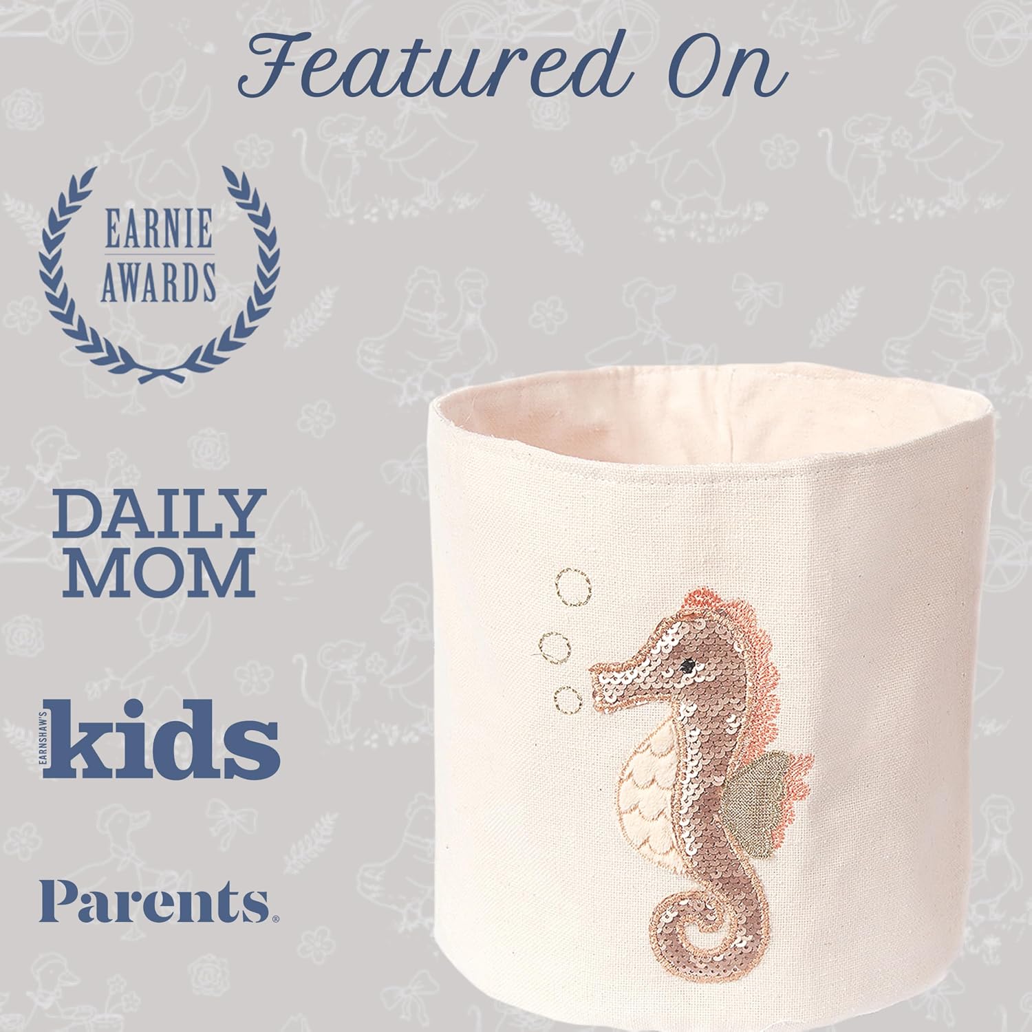 Mon Ami Seahorse Designer Linen Storage Bin, Kids Laundry Basket, Toy Boxes for Kids, Kids Hamper, Cute Baby Nursery Baskets for Bedroom and Bathroom Decor, Toy Storage for Girls & Boys, 8x8 in