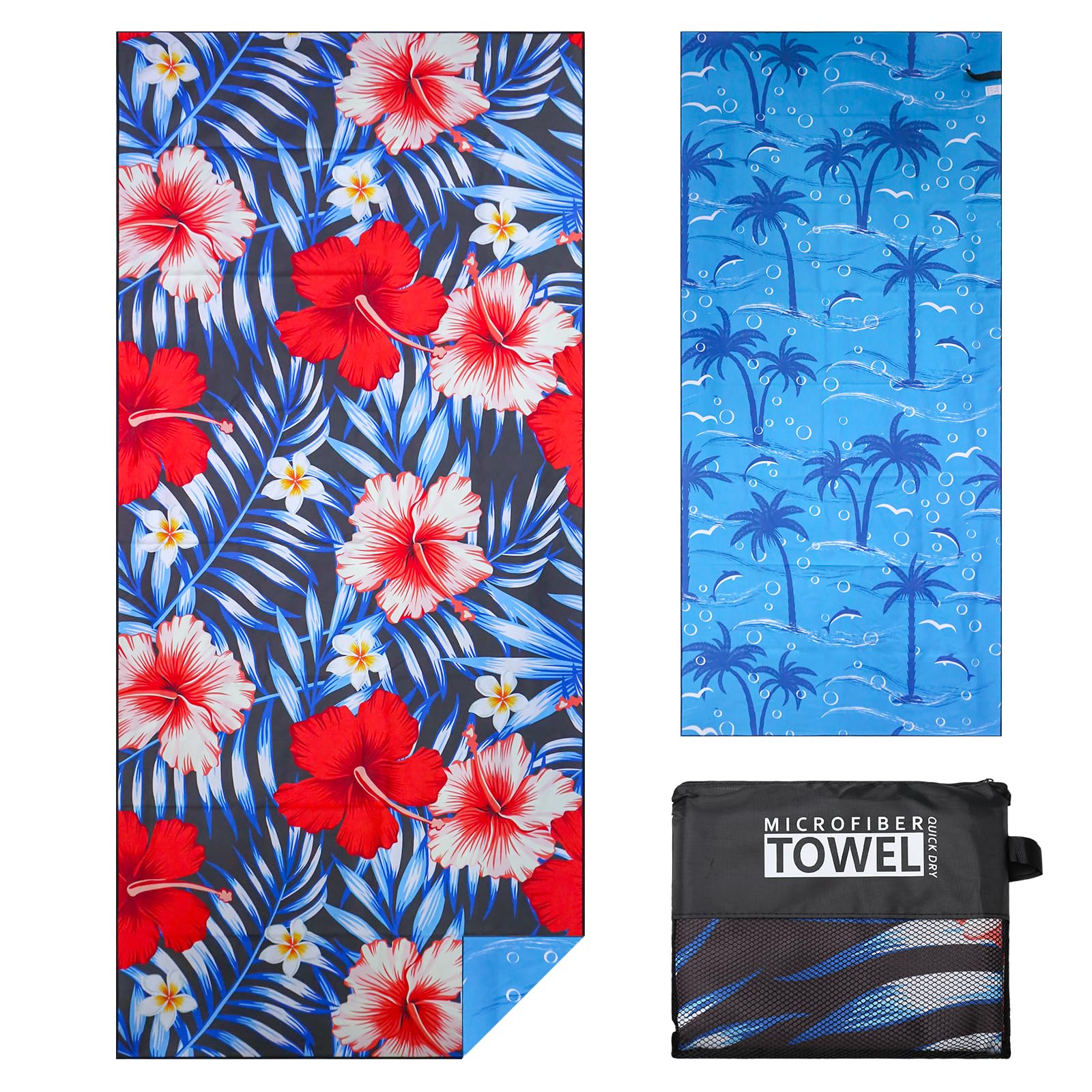 Vorvowry Microfibre Beach Towels for Adults Women Men Extra Large Lightweight Quick Dry Sand Free Travel Towel Double Sided Printing for Swim Sports with Mesh Bag 80×180cm Tropical Flowers 1 Pack
