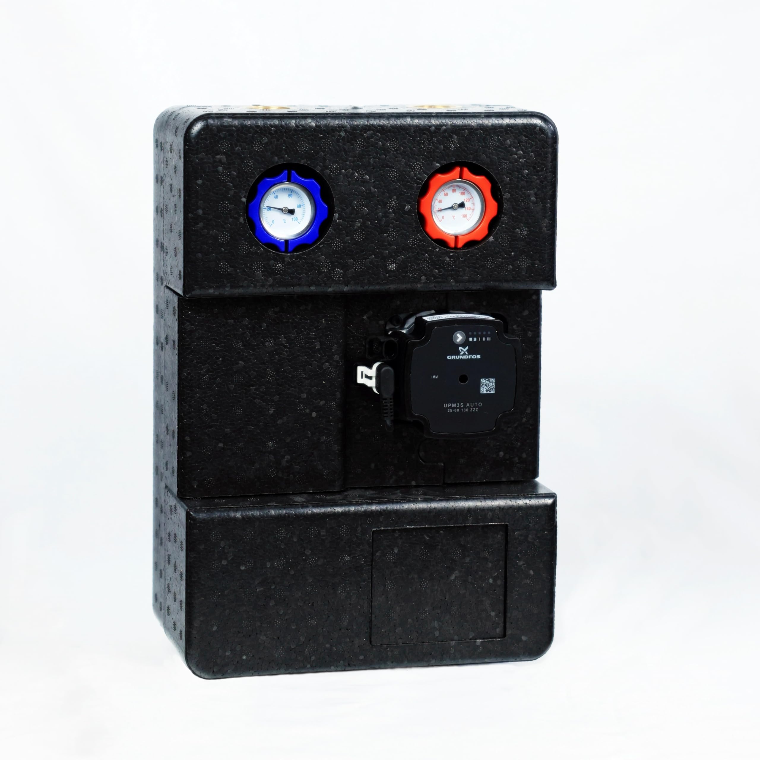 SUNEX® Pumpengruppe für Heizkreis GPO DN25 mit GRUNDFOS UPM3S Auto 25-60 Umwälzpumpe – Heizkreisstation mit Wärmedämmung, Thermometern & Rückschlagventil, AG 1½″ / IG 1″, max. 6 bar, 90 °C