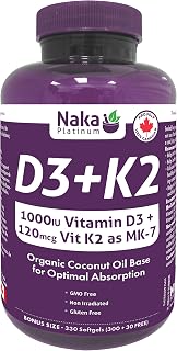 Naka Platinum D3+K2 Super BONUS SIZE 330 Softgels (300 + 30 FREE) Organic Coconut Oil Base for Optimal Absorption.