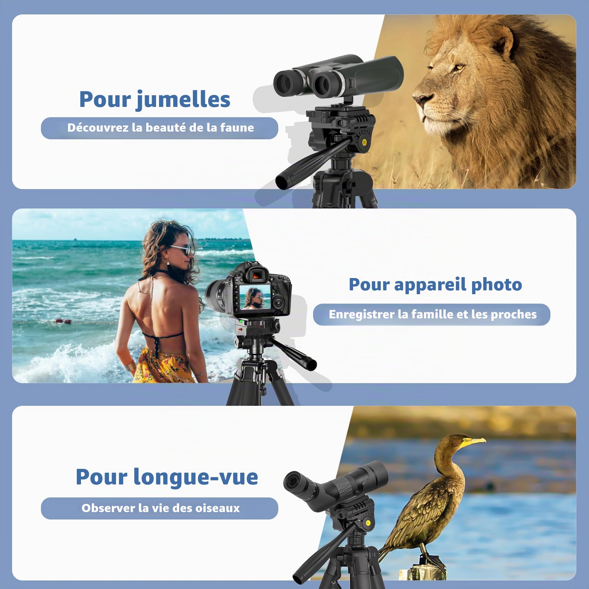 Trépied Lusweimi pour Jumelles, 184cm Trépied pour Longue-vue avec Adaptateur, 2 QR Plaques & Support pour Téléphone, Compatible avec Jumelles, Longue-Vue, Appareil Photo et Téléphone, Aluminium,Noir