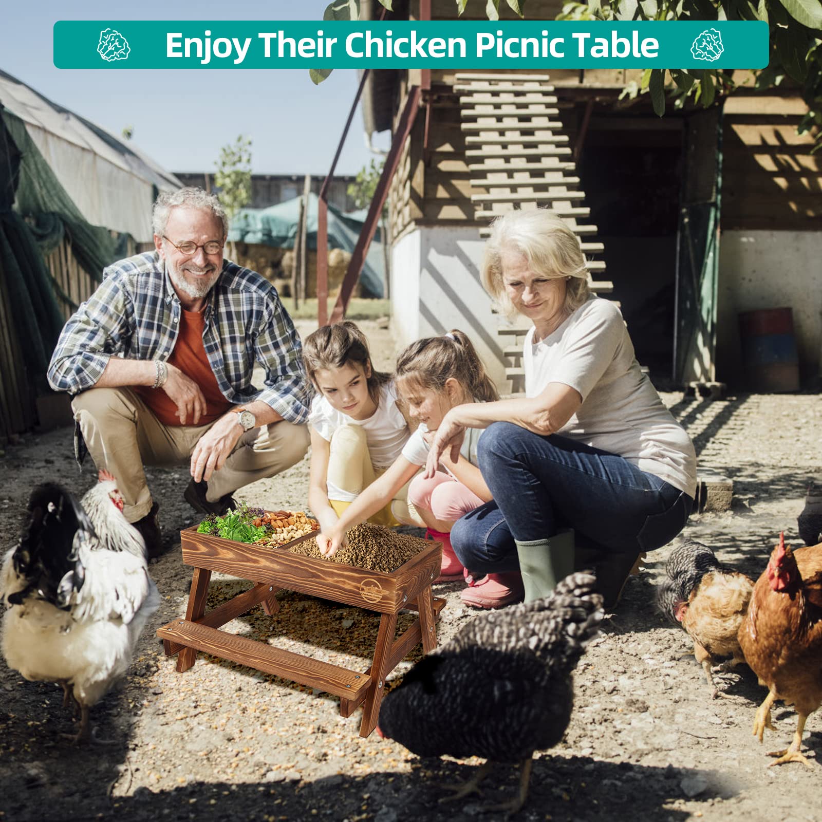 Mesa de Pollo sin residuos, comedero de Picnic de Pollo Hecho a Mano de Madera carbonizada, Kit de comedero de Pollo Grande, comedero de pájaros Salvajes, Patos y Ardillas, Parte Inferior de Malla