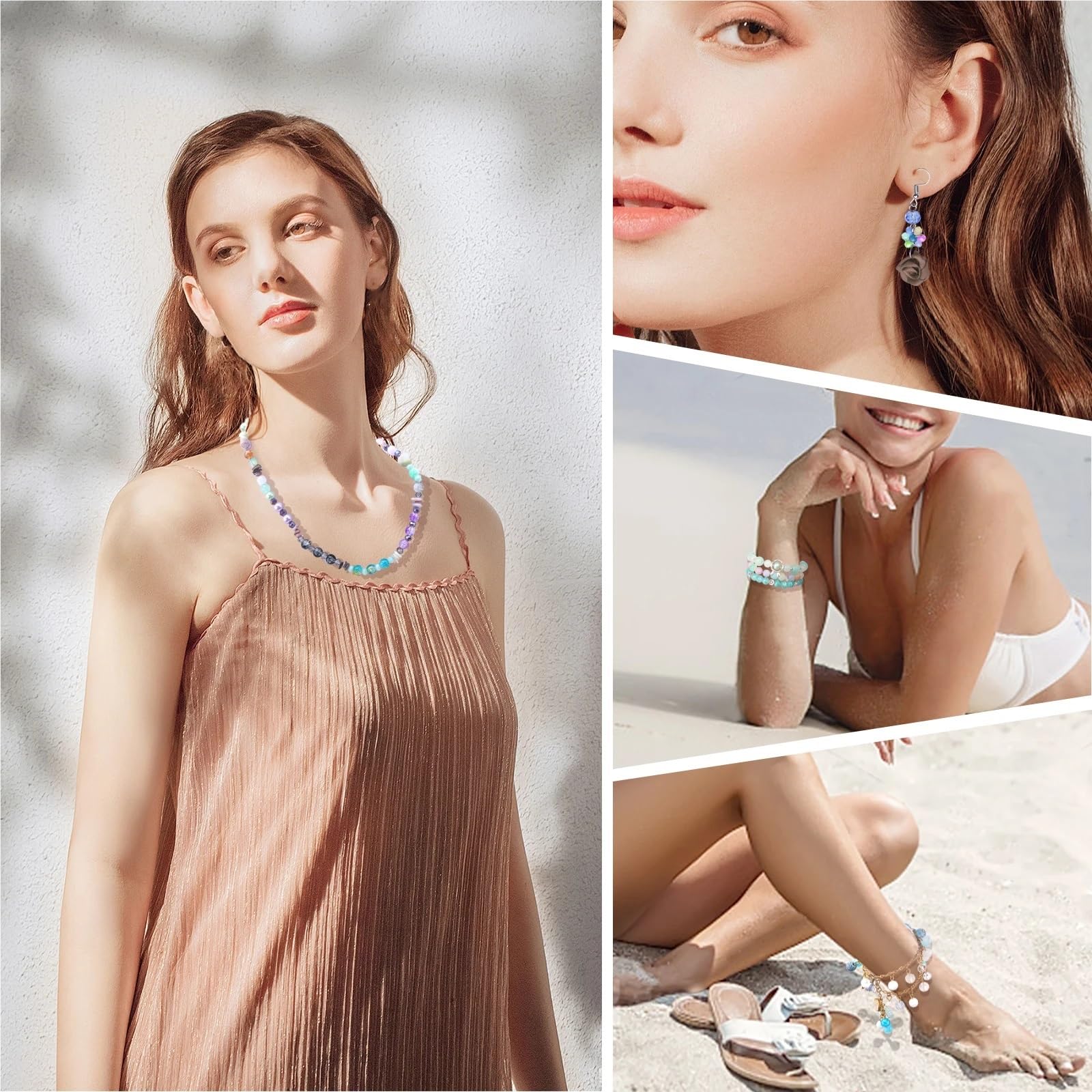 Cuentas de cristal esmerilado, 2 cajas de cuentas de vidrio para hacer joyas, pulsera de cristal, cuentas de resina, suministros de cuentas, aretes y collar (03LanFen)