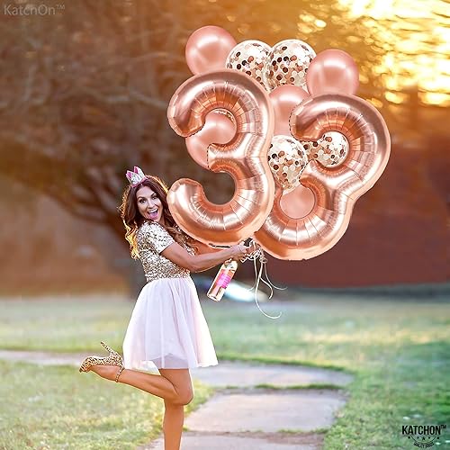 Miniatura 7 de KatchOn, Globos de oro rosa con el número 33, 40 pulgadas, decoraciones de cumpleaños número 33 para mujer, globo de cumpleaños 33 con globos de