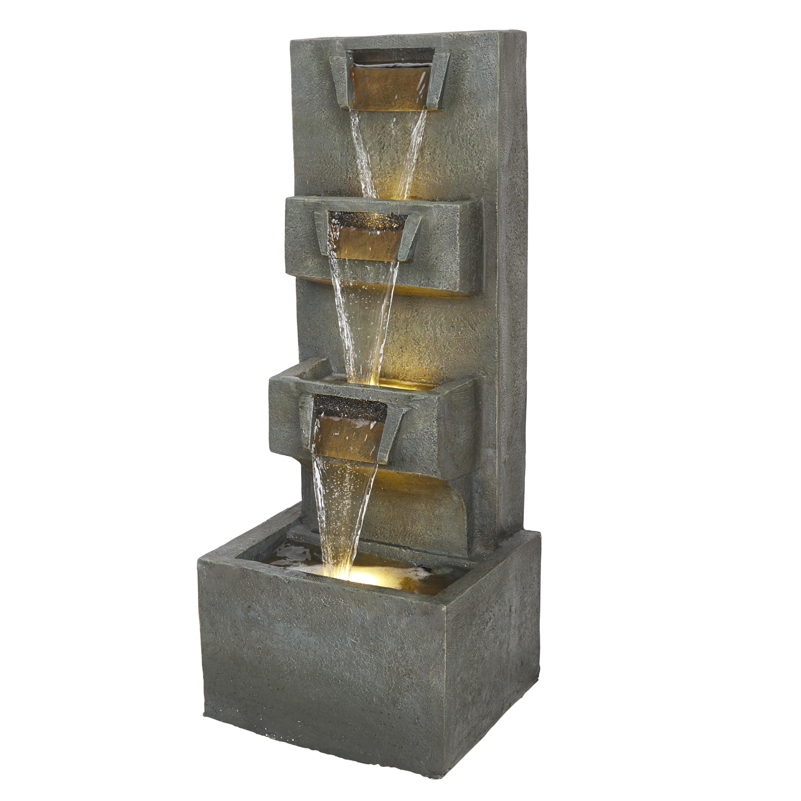 Alpine Corporation TZL406 33" 3 Tier Basin Cascading Fountain with LED Lights, Outdoor Water Feature for Garden, Patio, Backyard &amp; Home Decor, Elegant Waterfall Design, Gray