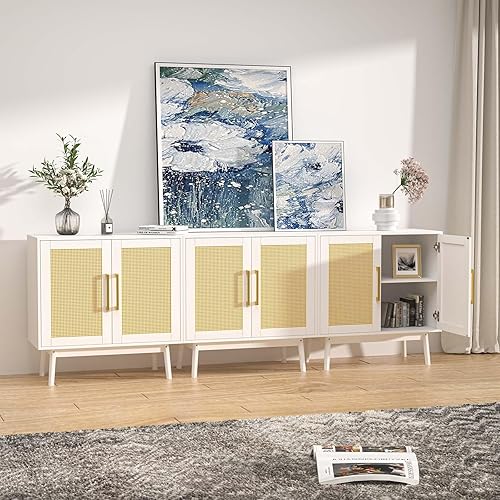 Miniatura 2 de LYNSOM Soporte de TV para TV de 85 pulgadas, centro de entretenimiento de madera con armario de almacenamiento, mueble de TV de ratán, mesa consola