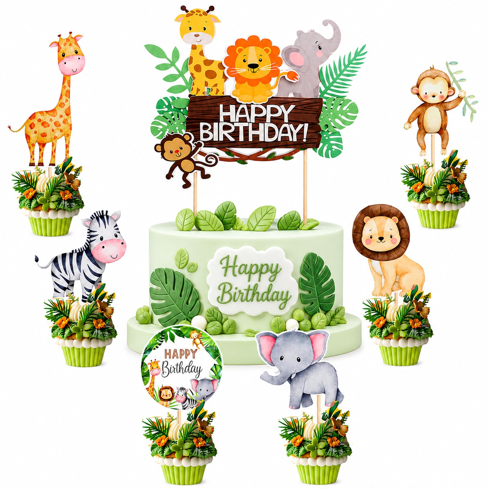 Bolosa 25Pcs Jungle Animal Cake Toppers, Safari Cake Decorations with Happy Birthday Cake Topper & 24 Cupcake Toppers, Animal Birthday Party Decorations for Cakes, Cupcakes & Dessert Table