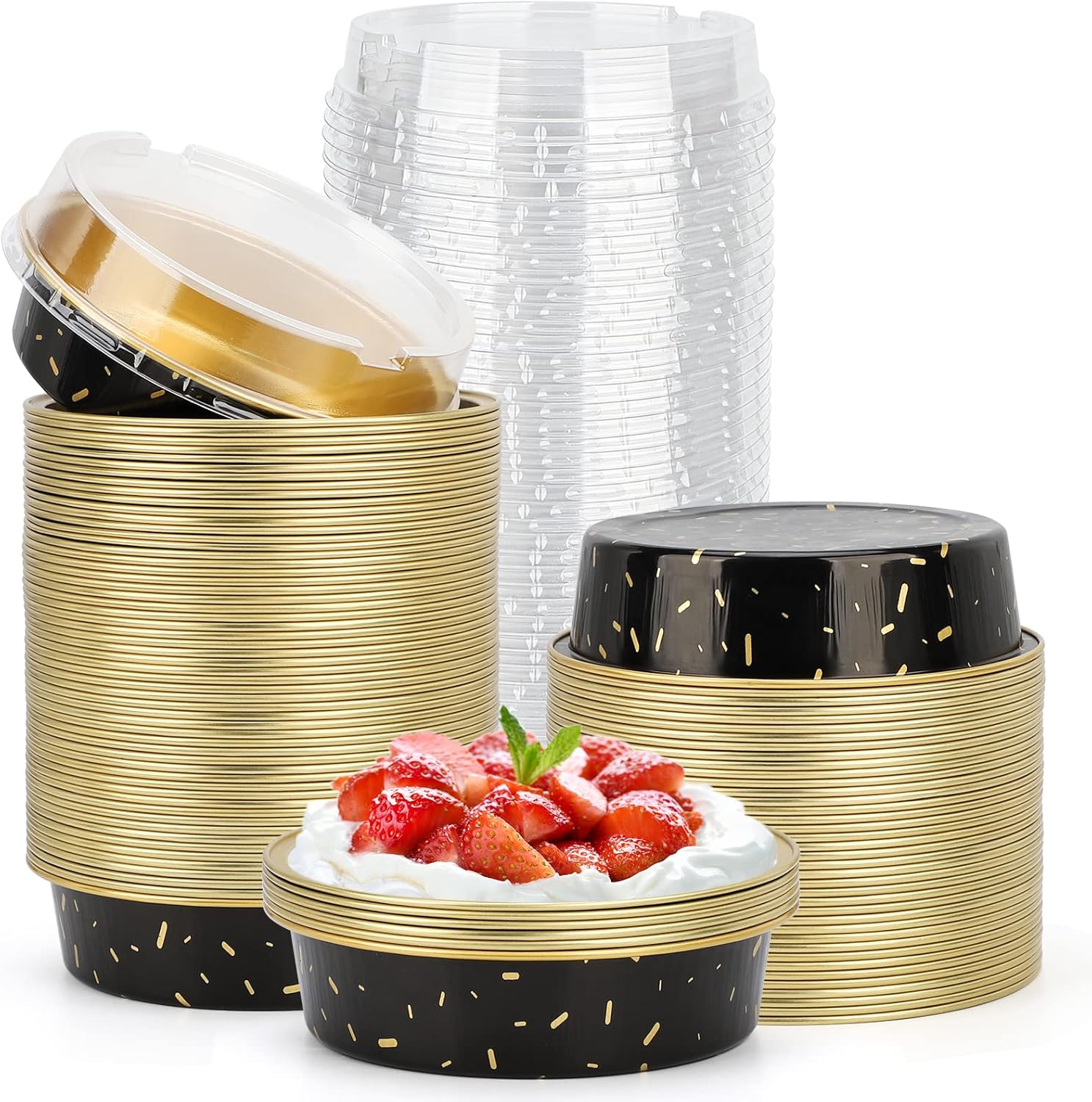 Beasea Mini Aluminum Pie Pans with Lids, 100 Pack 4” 8oz Black Gold Baking Pie Foil